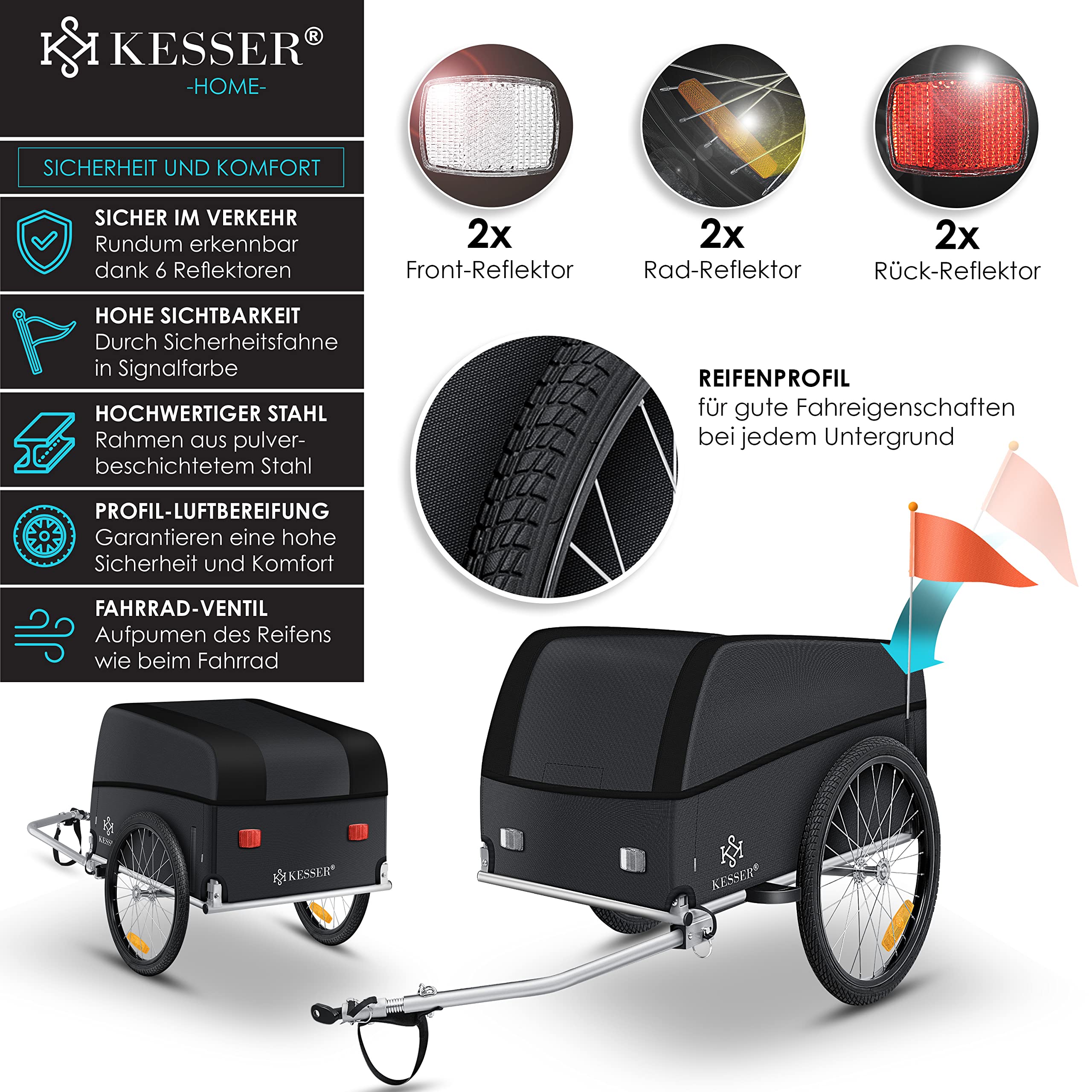 KESSER® Fahrradanhänger Lastenanhänger Transportanhänger Hochdeichsel mit Kupplung, Inkl. Abdeckung Klappfunktion Hochdeichsel Anhänge für Fahrrad Transportbox mit 120 Liter