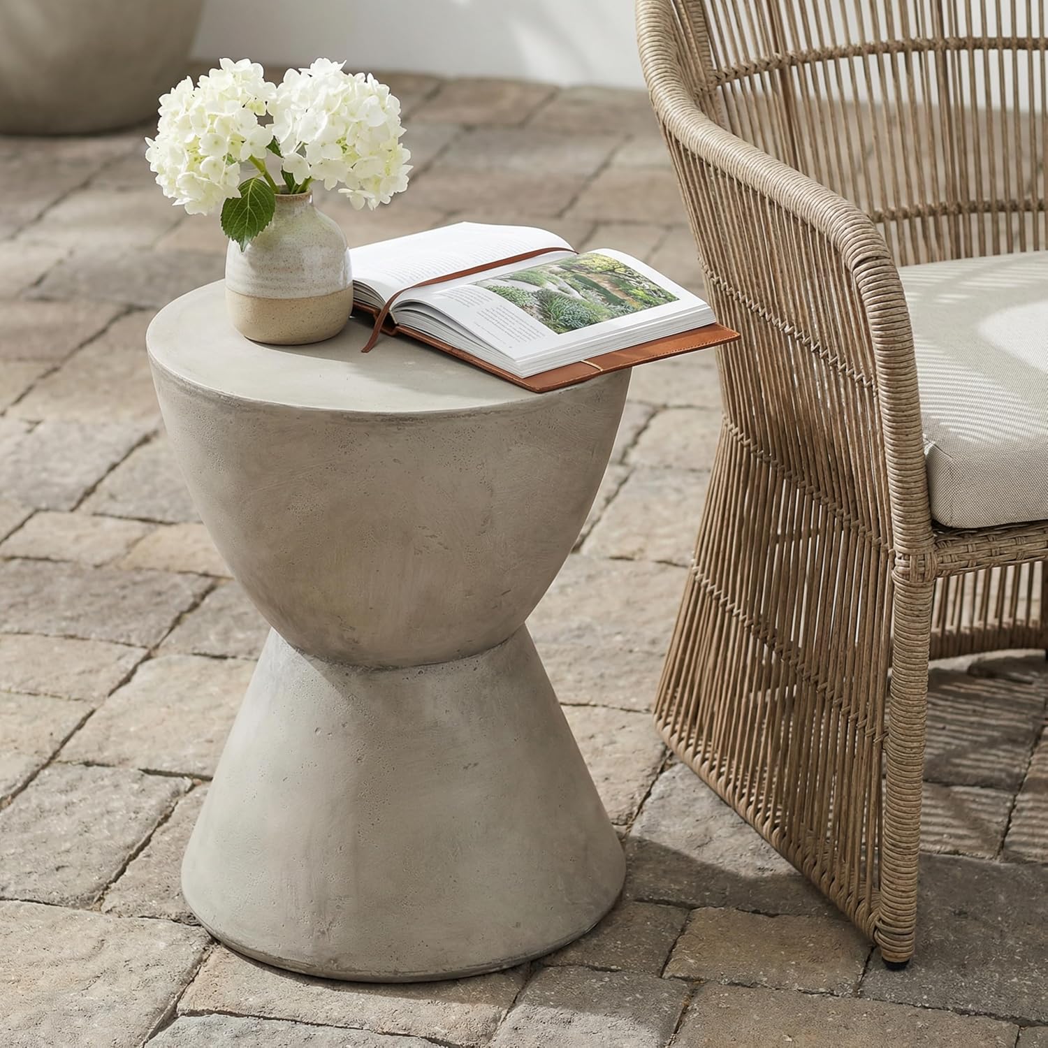 15" Lightweight Concrete Farmhouse Coffee Tables, Rustic Center Table with Hourglass Design, Modern Outdoor Art Tea Table for Patio, Light Grey