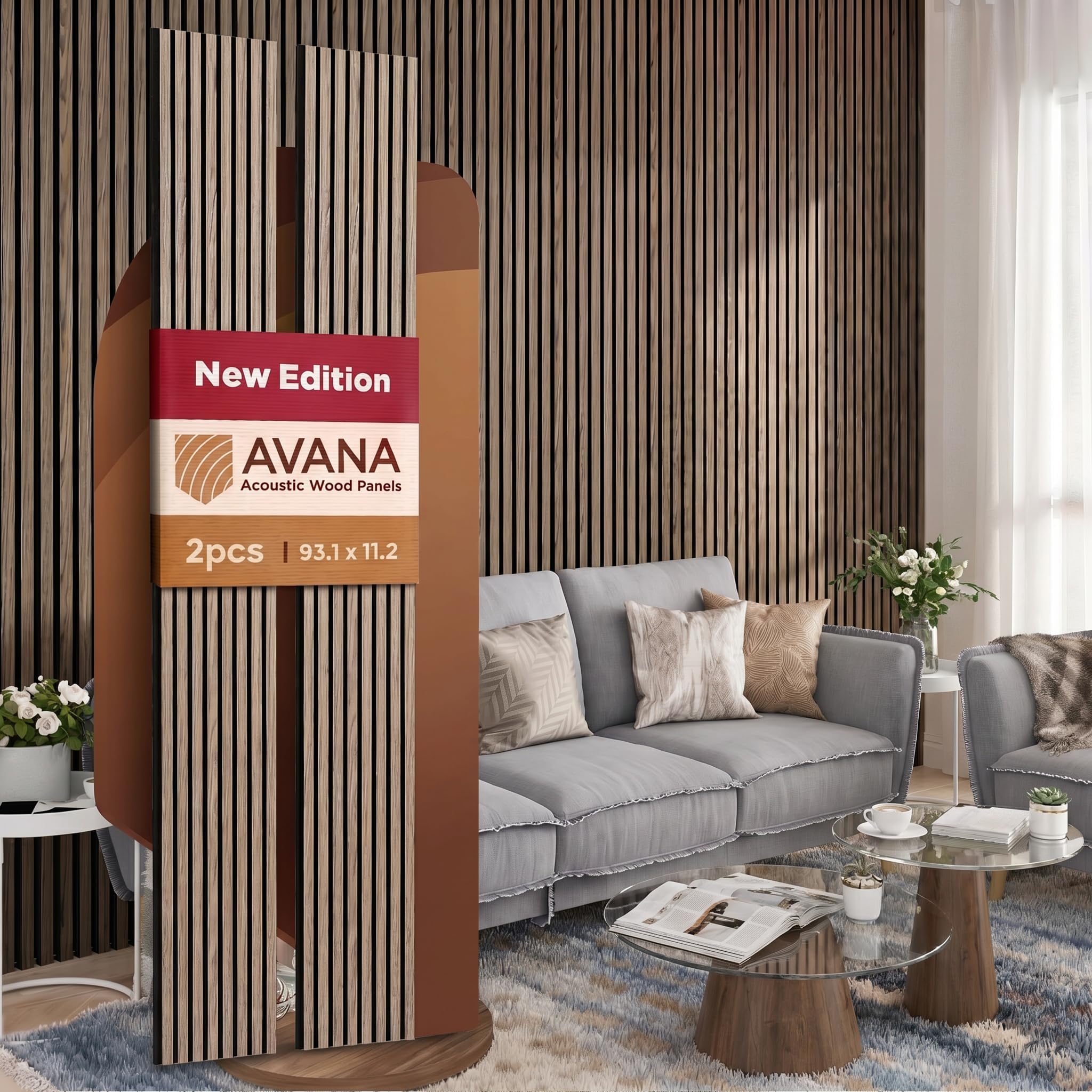 Avana Acoustic Wood Wall Panels –93.2x11.25 Inch Panels – Fits 94x12 Layout – Natural Walnut Acoustic Panels 2 PCs – Wall Panels For Interior Wall Decor For Homes, Offices –Design Wood Panels For Wall