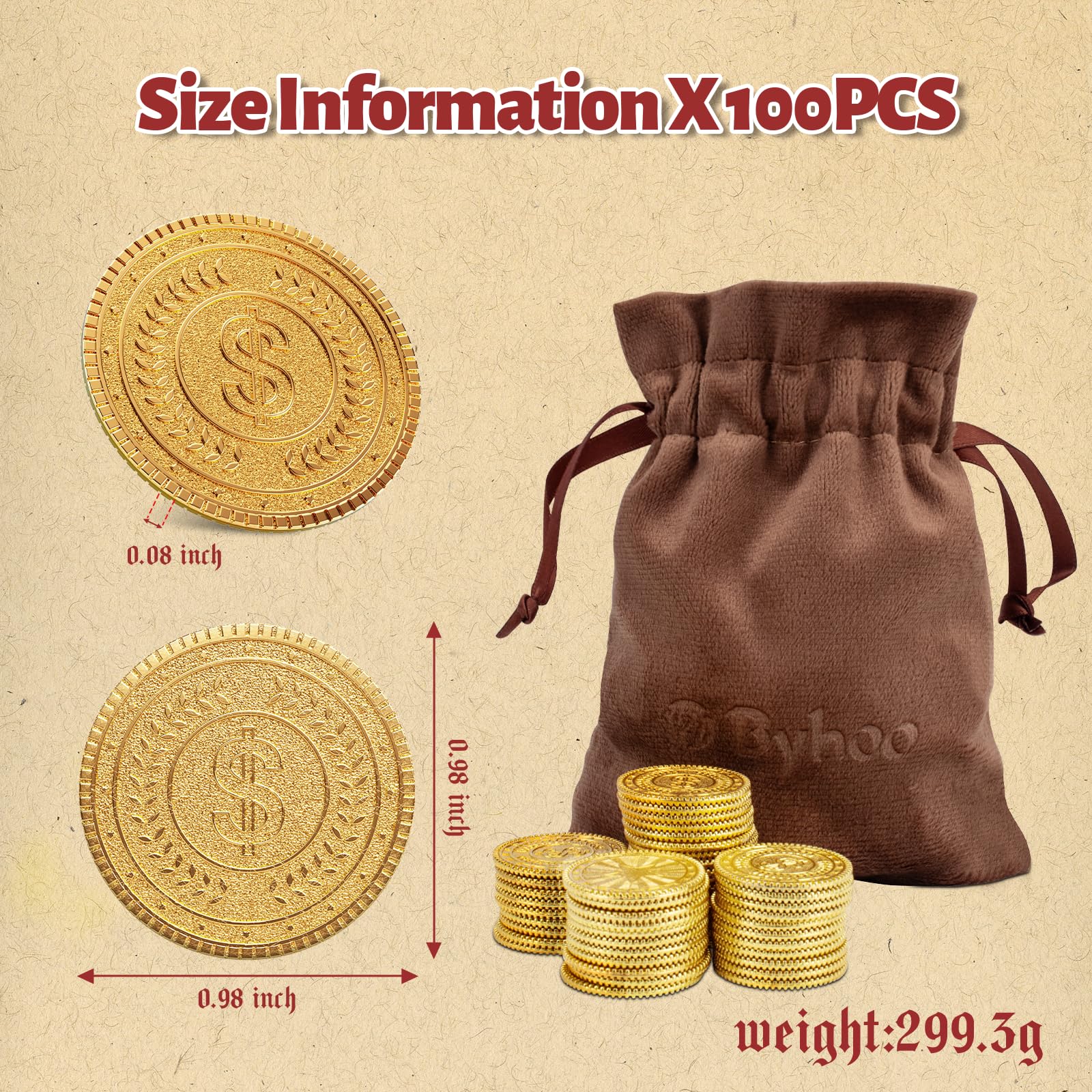 Byhoo 100 szt. metalowych złotych monet, pirackie monety DND, narzędzie łagodzące stres, z aksamitnym woreczkiem ze sznurkiem do gier planszowych, odgrywania ról, poszukiwania skarbów, przygody