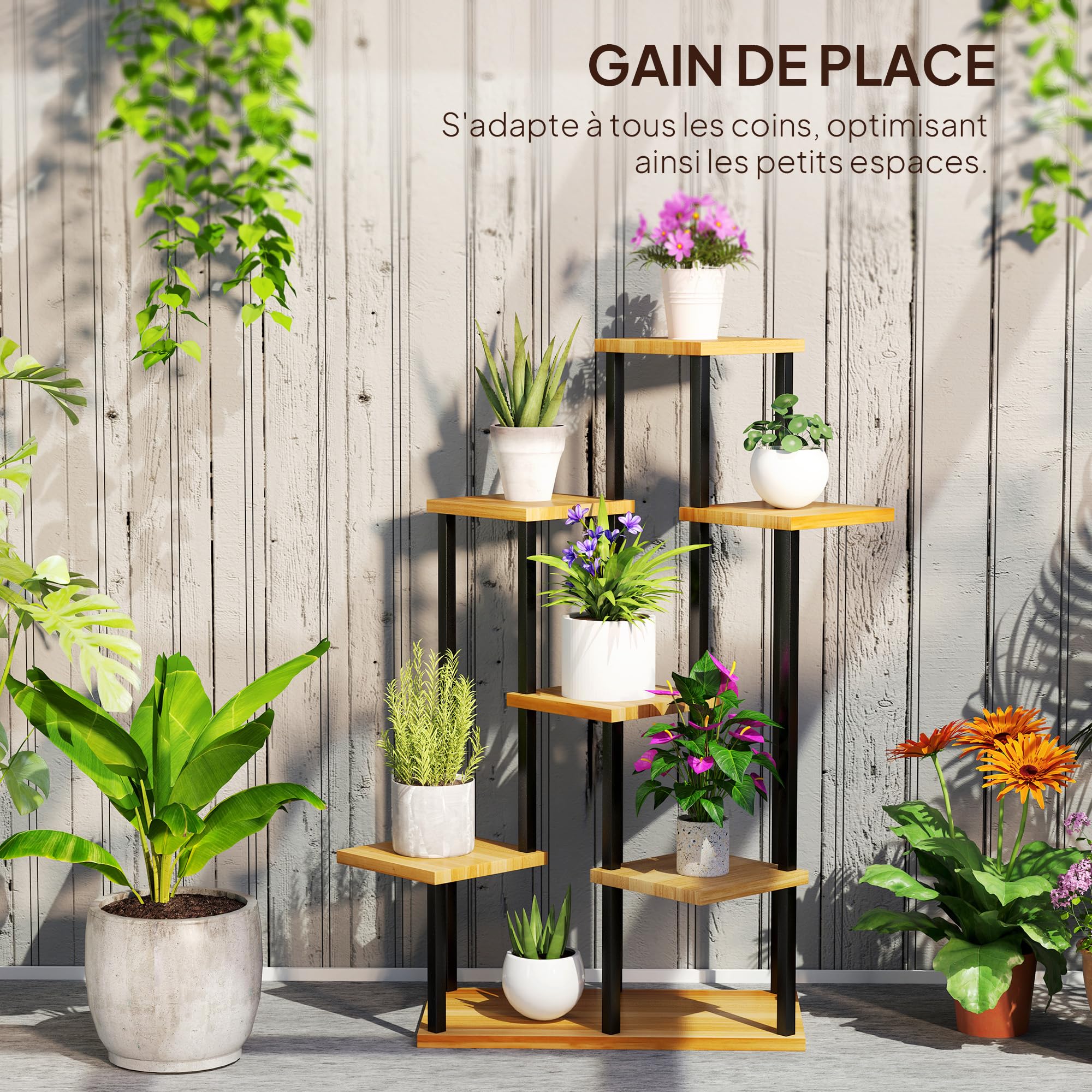 Outsunny Support à plantes à 7 niveaux pour intérieur et extérieur, étagère plante en acier et bois, porte plantes pour jardin, terrasse, balcon, salon, bois naturel