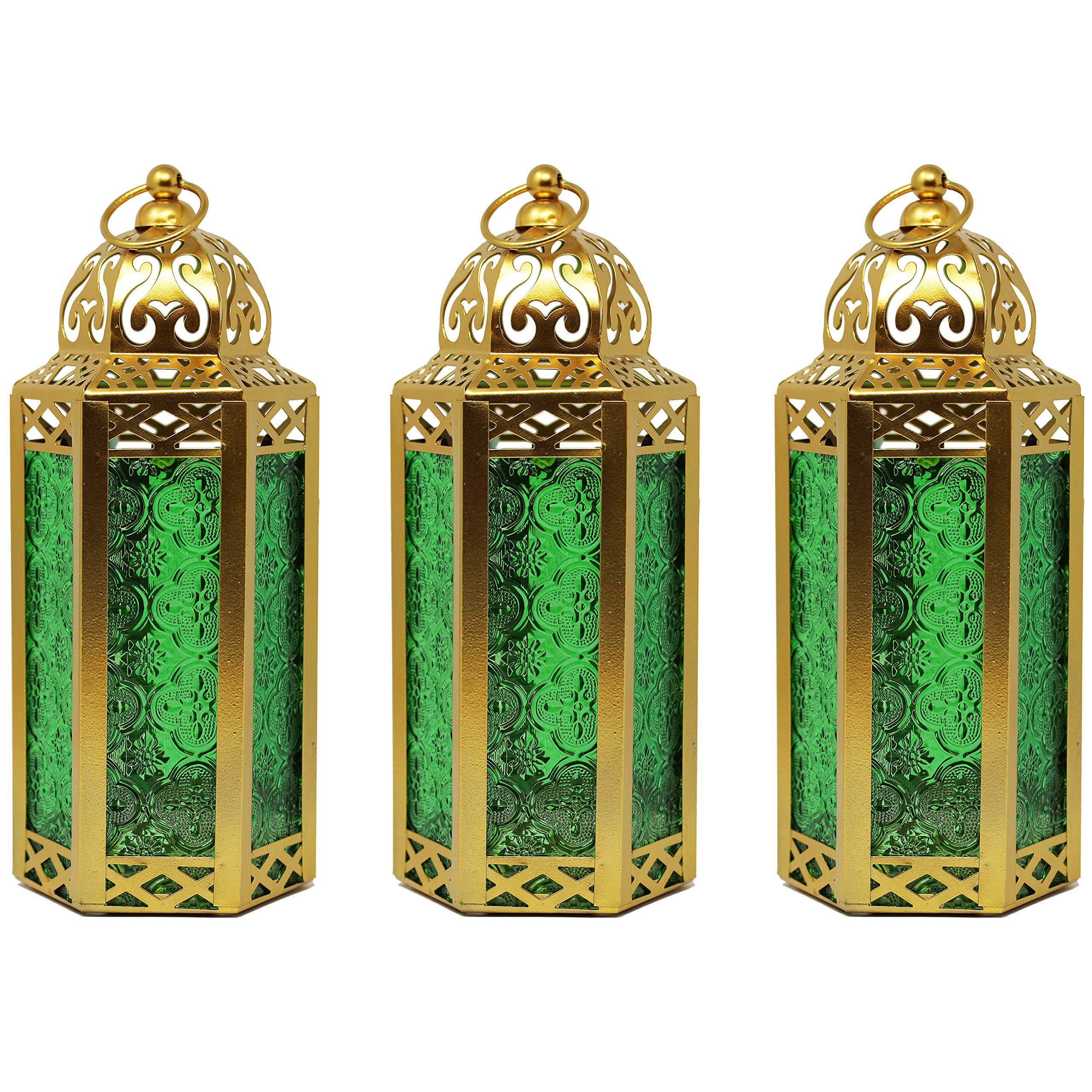 VELA LANTERNS 3-Pack Gold Moroccan Candle Lantern Decorative Candle Holder Lamp for Table or Hanging, Ramadan Decorations, Indoor Home Decor, Outdoor