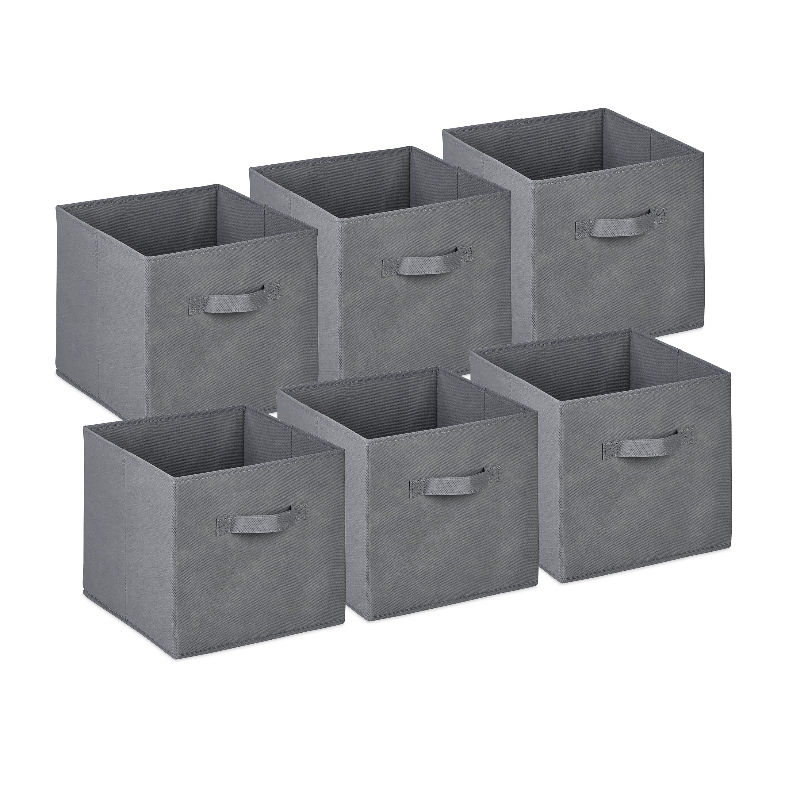 Relaxdays 6x Storage Box, 19 l, Fabric Organiser Basket, HWD: 26.5 x 28 x 28 cm, Foldable Shelf Bin, Handle, Light Grey