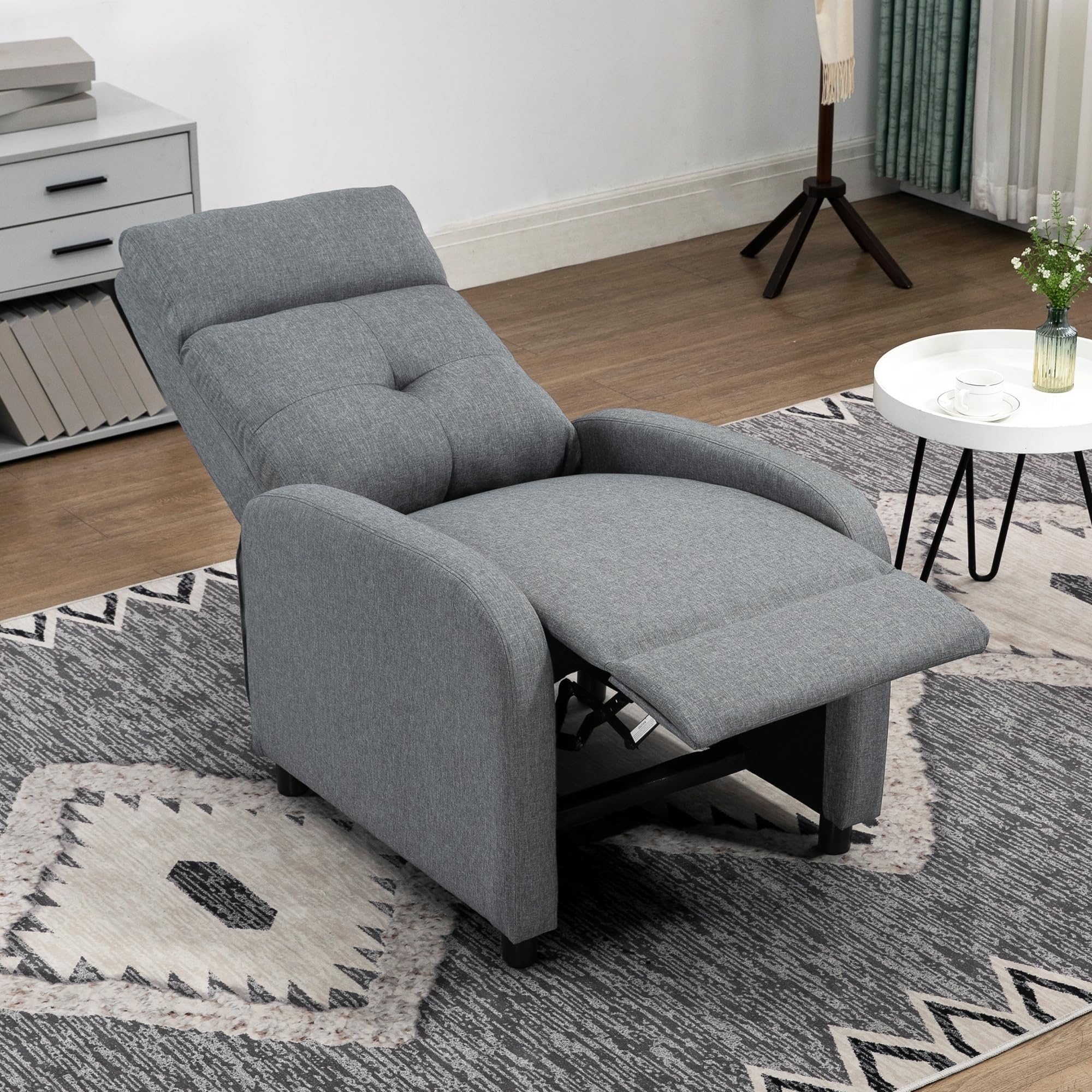 HOMCOM Poltrona Relax Reclinabile Manuale 155° con Poggiapiedi, Poltroncina Reclinabile Imbottita Ergonomica in Tessuto Effetto Lino per Camera da Letto, Ufficio, Salotto e Soggiorno, Grigio