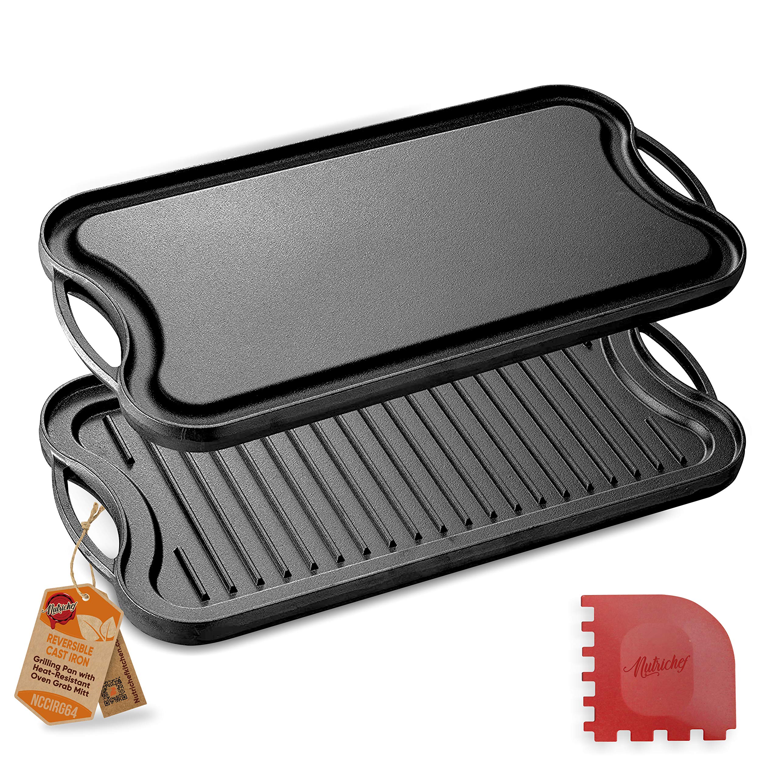 NutriChef Reversible Plate-PFOA & PFOS Free Oven Safe Flat Cast Iron Skillet Griddle Grilling Pan w/Scraper for Electric Stovetop, Ceramic NCCIRG64, BLACK (Only 1 piece)