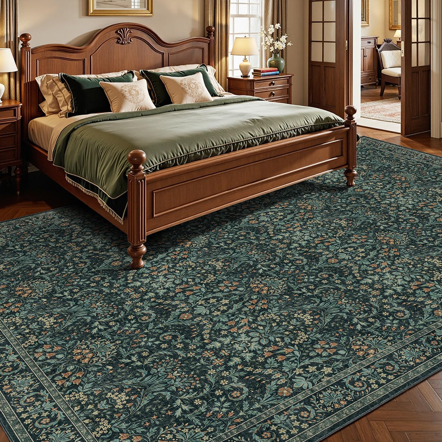 woaboy washable 9x12 area rug for living room bedroom dining room under kitchen table,non-slip low pile stain resistant soft large carpet for vintage floral oriental home decor dark green/navy/black 9' x 12' (rectangular) dark green