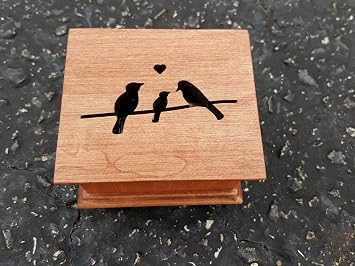 Custom made music box with a bird family three little birds sitting on a wire with your choice of color and song, perfect for baby gift or graduation