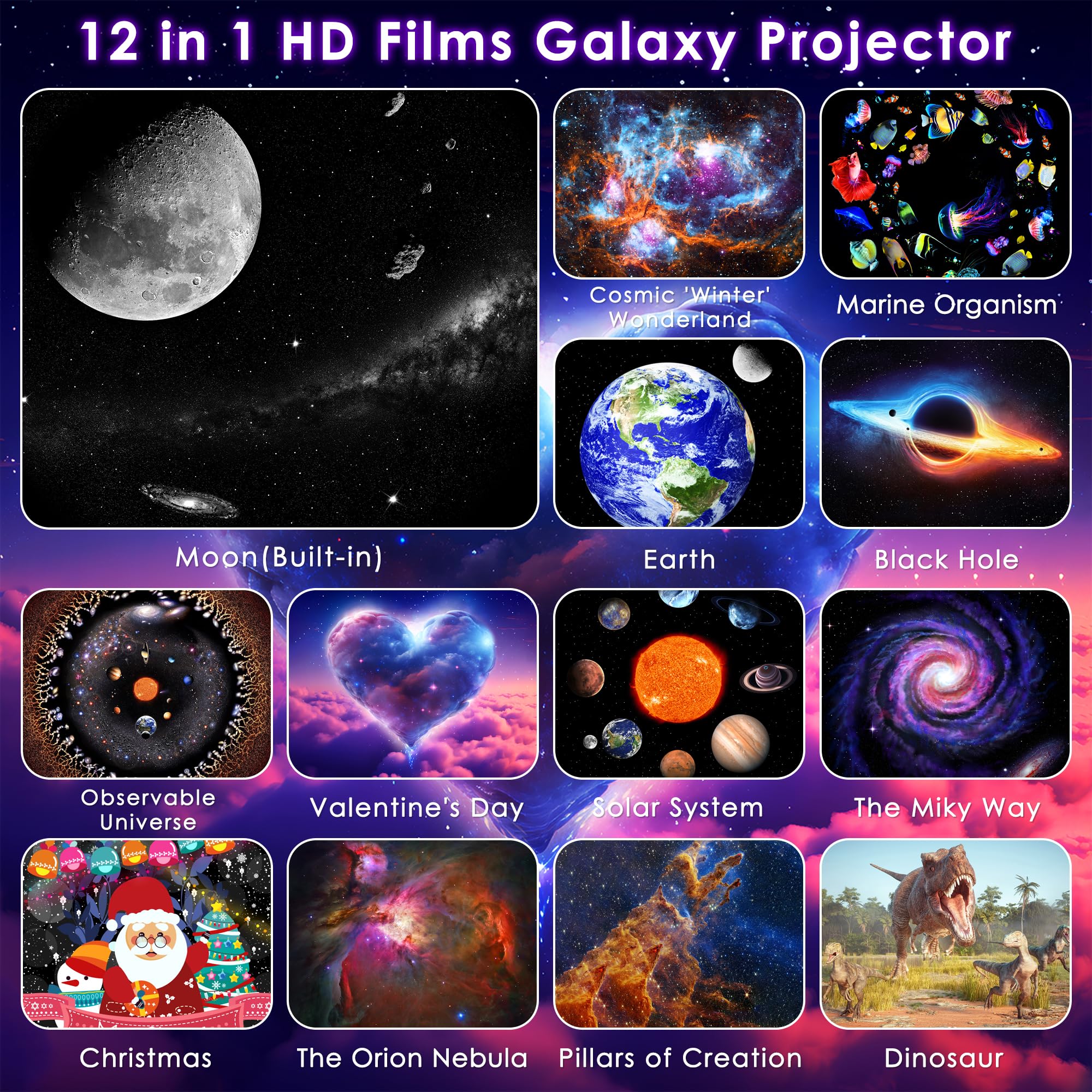 Proiettore Galaxy per camera da letto, proiettore stella Galaxy Light con meteora dinamica ed effetti di illuminazione RGB, 13 dischi HD Film Planetarium proiettore con timer, proiettore luce notturna