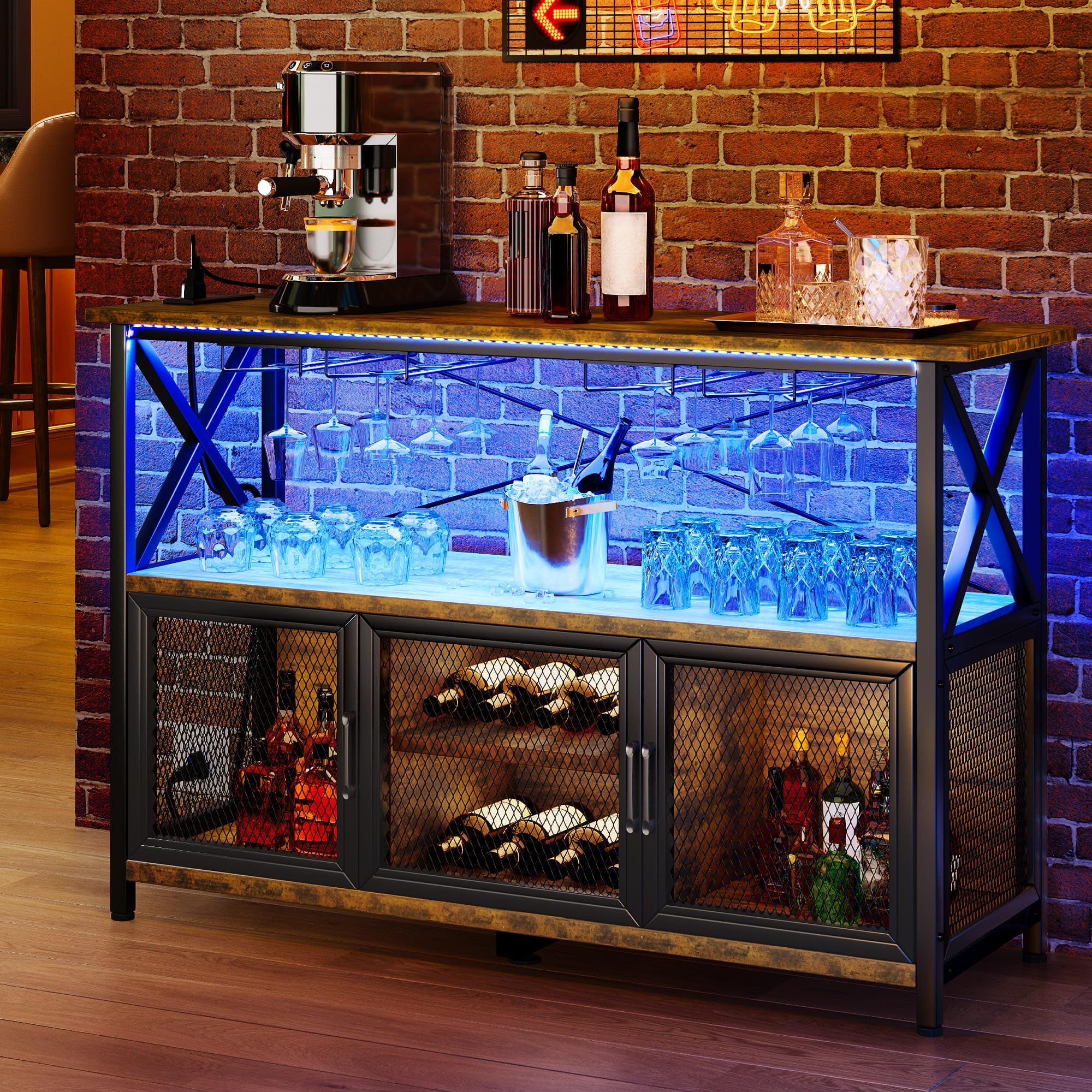 YITAHOME 55" Bar Cabinet with LED Lights, Wine Cabinet with Power Outlet, Bar Table Stand with Wine Rack, Storage Cabinets, Adjustable Shelf, Rustic Brown
