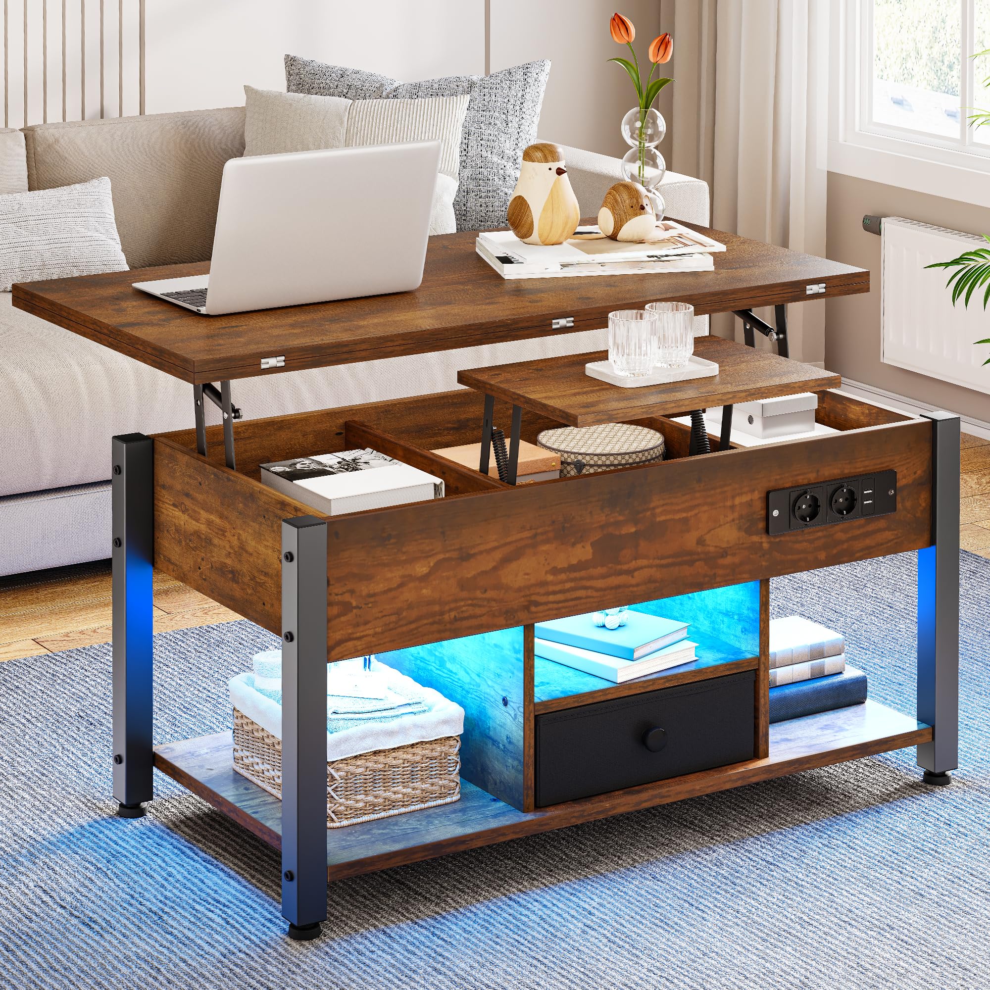 YITAHOME Couchtisch mit Höhenverstellbarer, 4-in-1-Multifunktions-Couchtisch mit Stauraum und LED Beleuchtung, Couchtisch lässt Sich in einen Esstisch für das Wohnzimmer umwandeln, Vintage-Braun