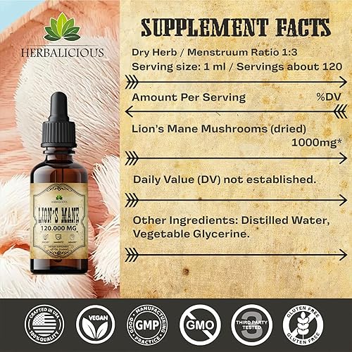 Miniatura 5 de Suplemento líquido de hongo de melena de león  Suplemento cerebral de extracto de hongo premium para enfoque de memoria, claridad y apoyo nervioso