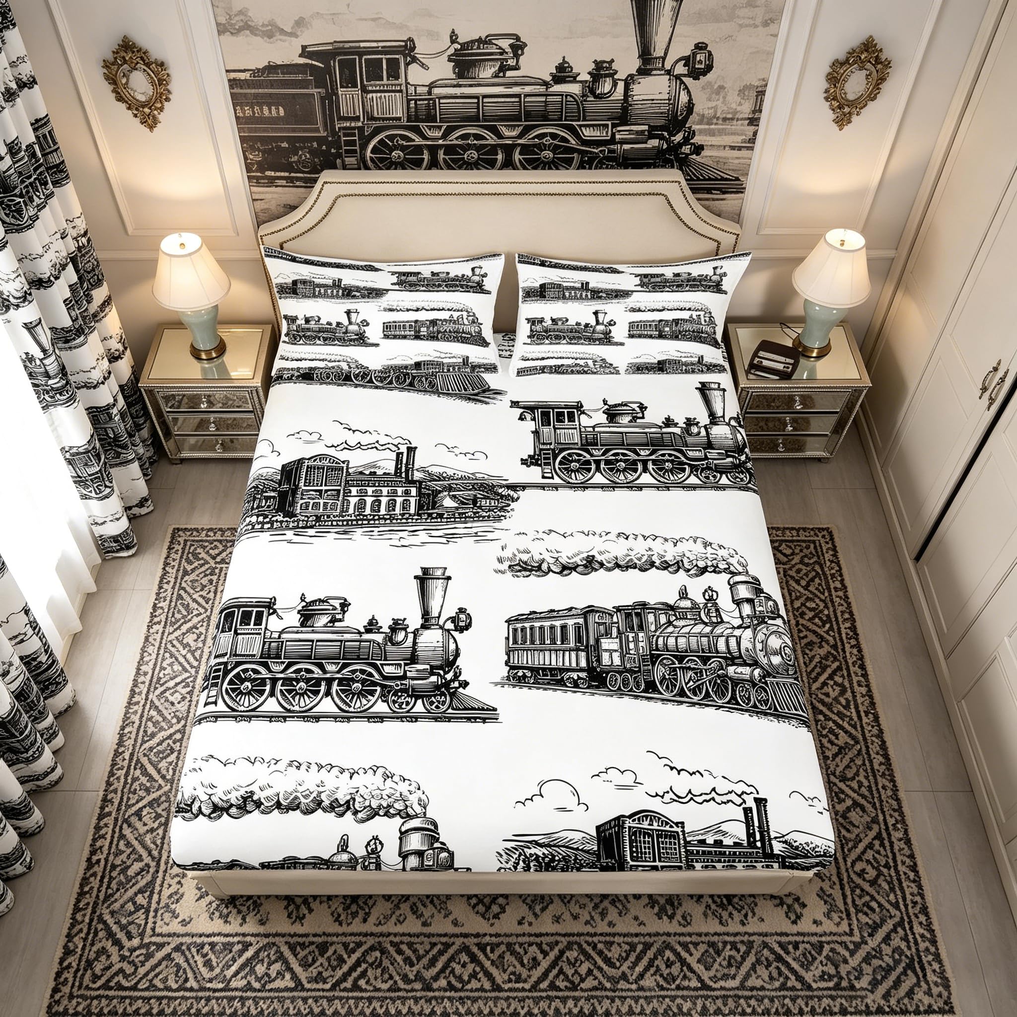 Retro Steam Locomotive Fitted Sheet Single Size - Train Bed Cover With 1 Pillowcase, Vintage Bedding Set 2pcs for Kids Boys Adults Room Decor, Soft Polyester
