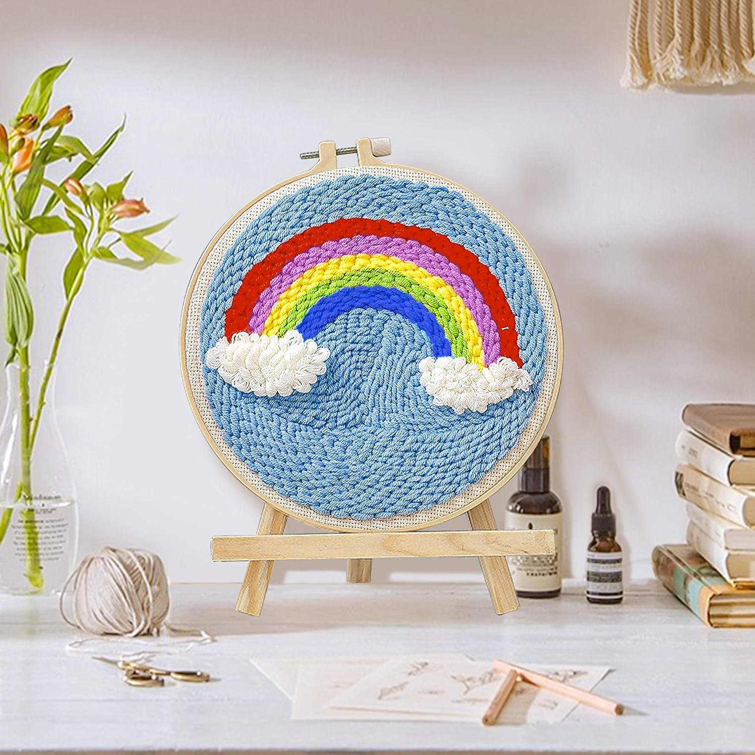 Punch Needle Embroidery Starter Kits Instructions, Punch Needle Tool Fabric with Floral Pattern, Yarns, Embroidery Hoops, Color Threader Tools for Punch Needle Embroidery Rug-Punch & Pinch Needle