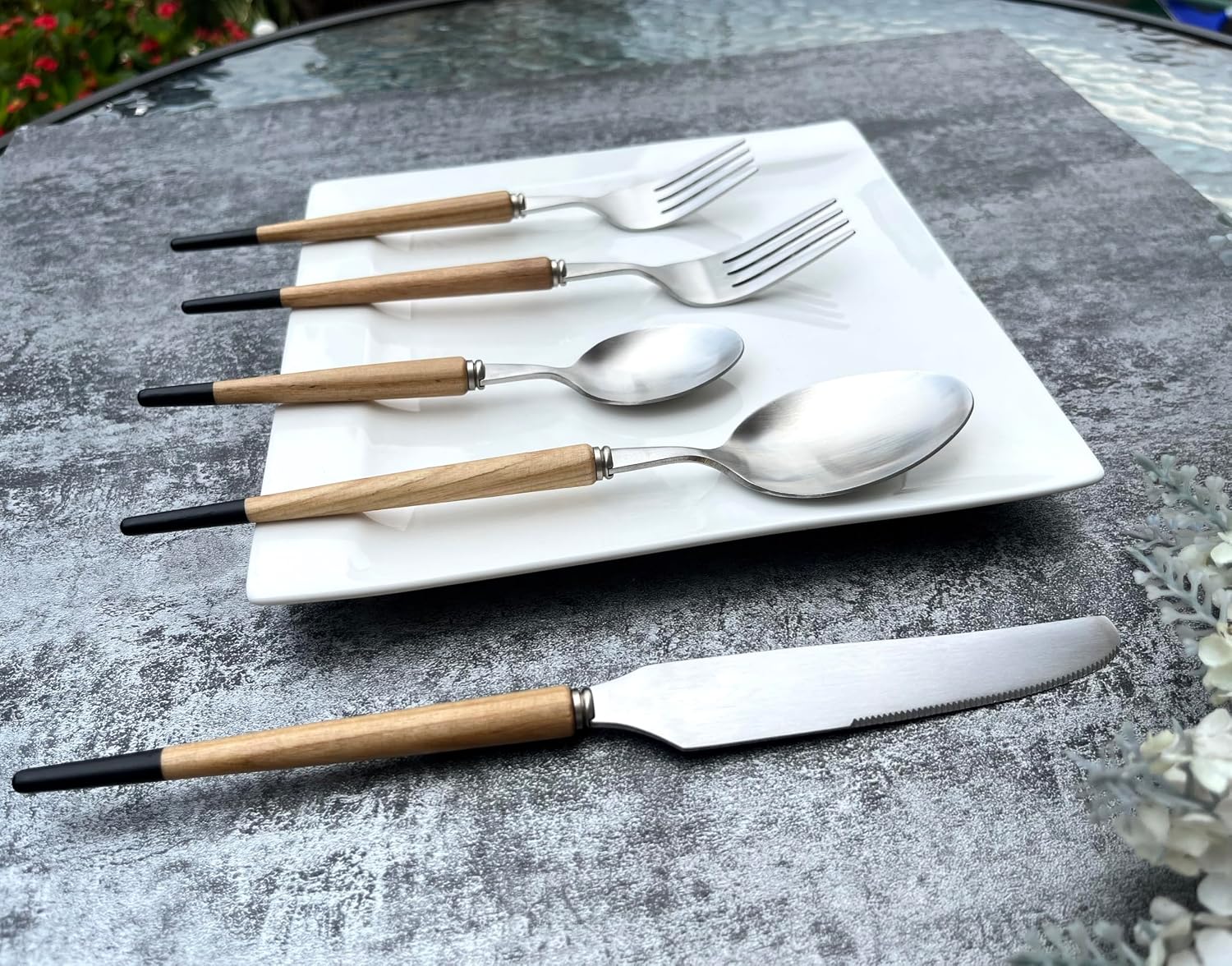 Nature Material Handle Flatware, 5-Piece Set, Stainless Steel 18/10 Food Safety Grade Silverware Cutlery Set Eating Utensils (Nature Ash Wood)