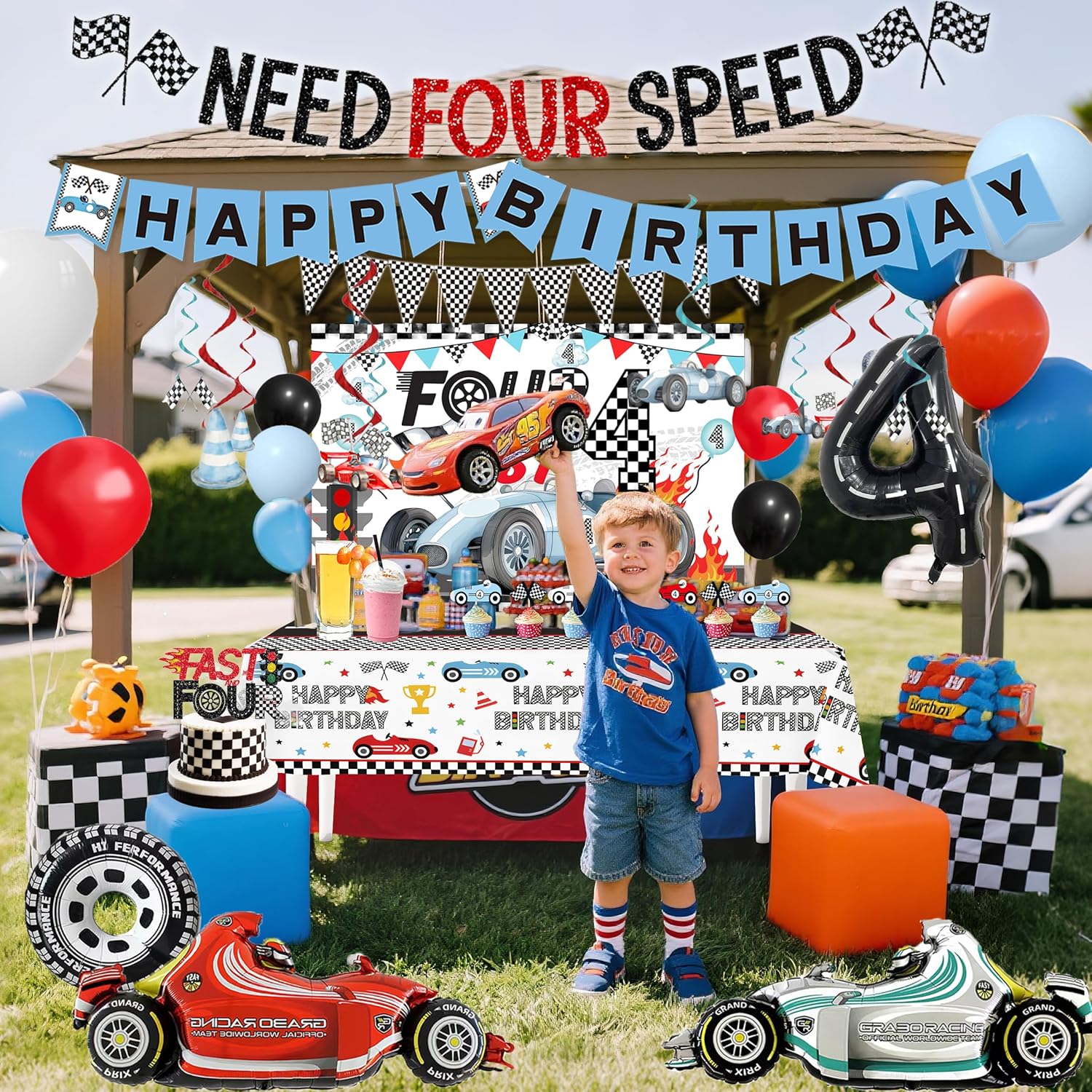 Need Four Speed Birthday Decoration Racing Car 4th party Boys Race car 4th Birthday Party Decorations Include Banner, Tablecloth, background, Car Balloons ,cake topper