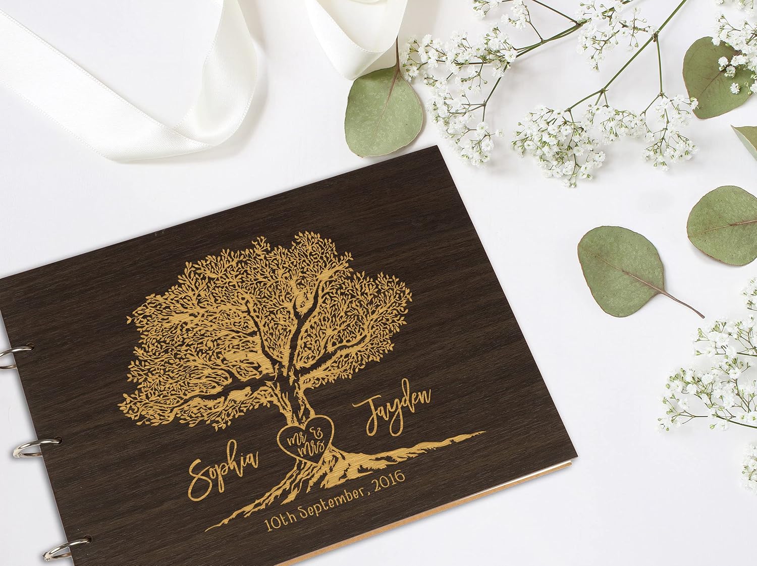 Darling Souvenir Personalized Engraved Laser Cut Wedding Guest Book Wooden Cover Sign-in Book Registry Guestbook Scrapbook-7D