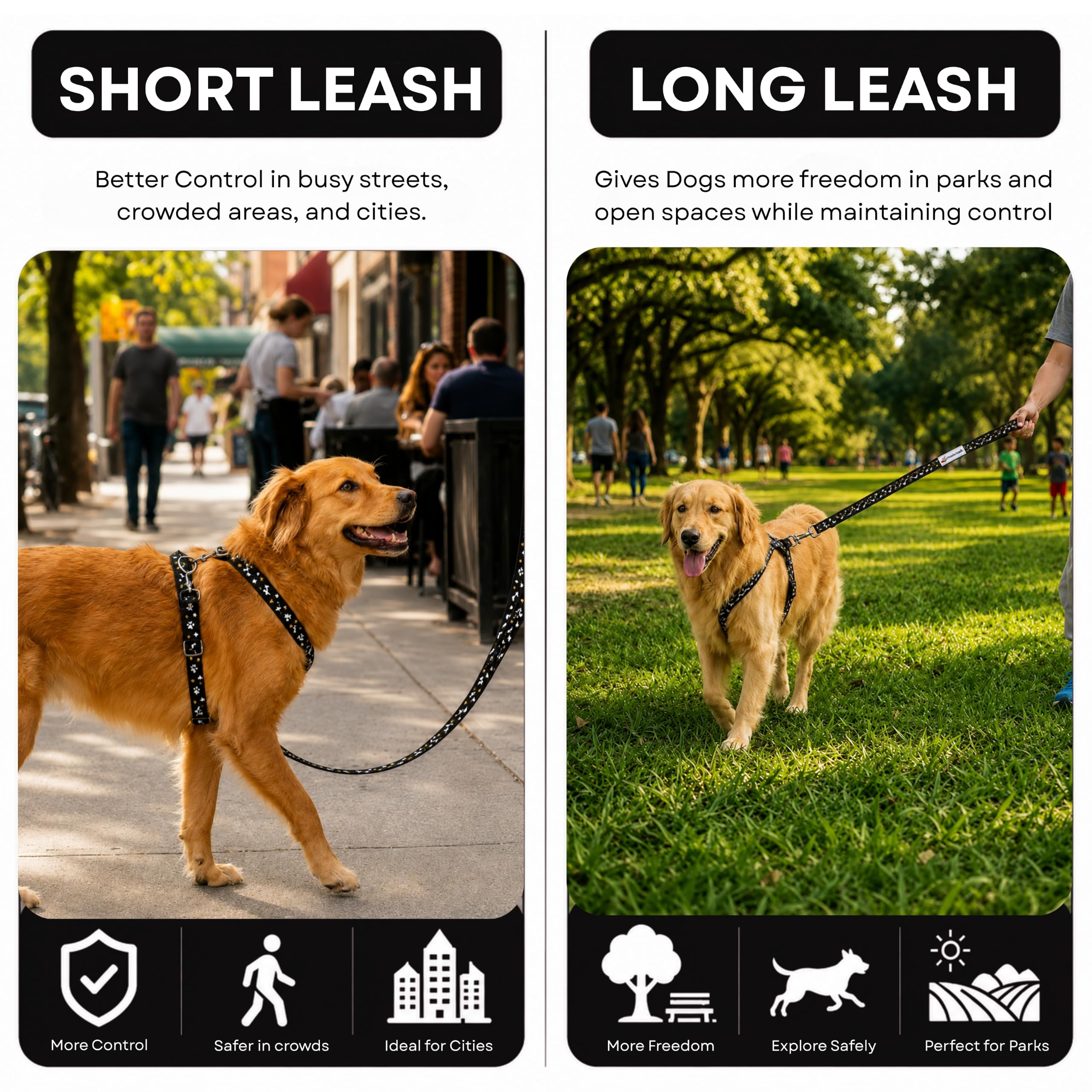 Wonderleash 3 in 1 Hundeleine für Hunde, robuste lange Linie, Trainingsleine mit Notfall-Halsband, bequemer Griff, geeignet für kleine Hunde (Schwarz, S)