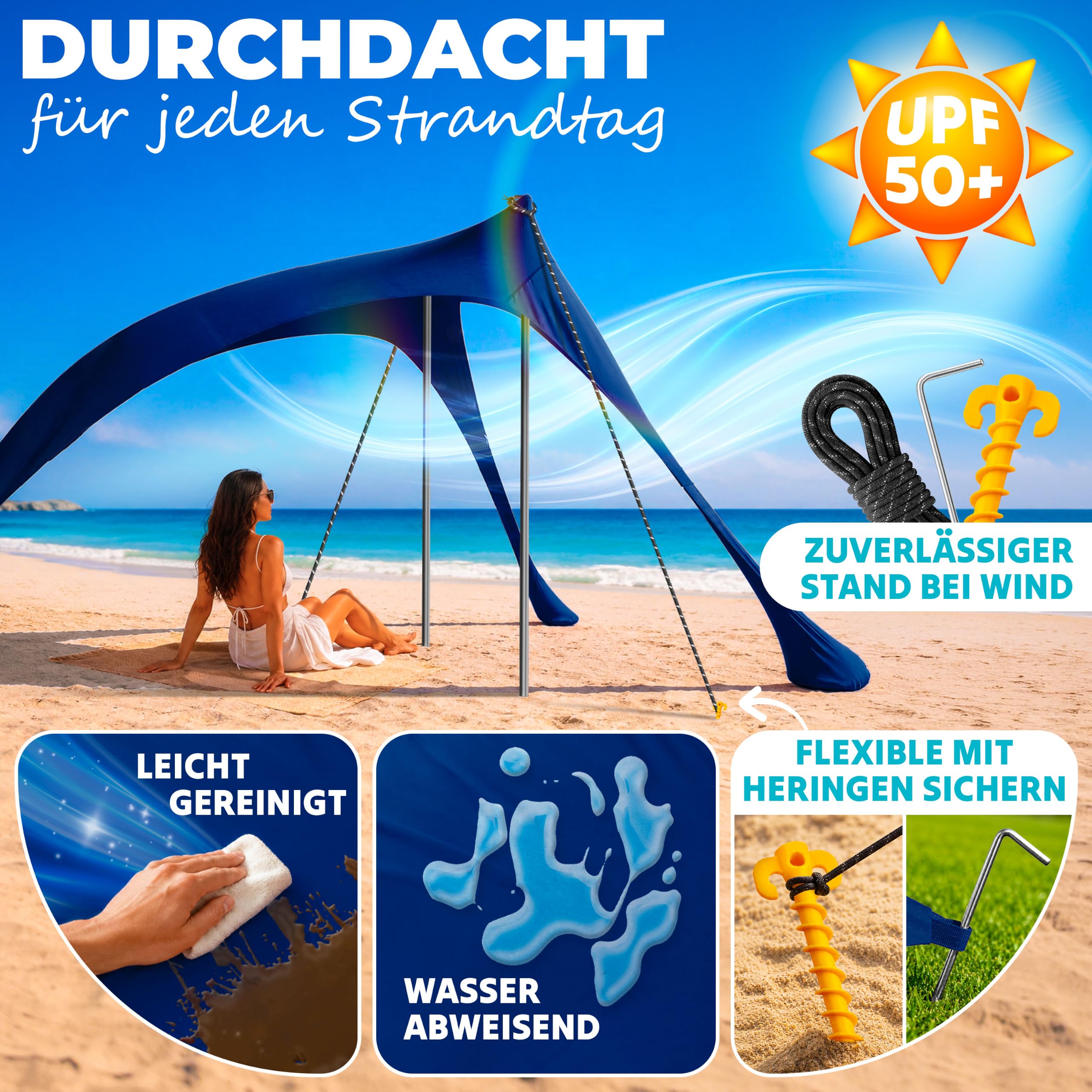 ELONEO Strandzelt, Sonnensegel Strand 200x170x150 cm, LSF 50+, Sonnenschutz für Strand mit Sandschaufel, Heringen und Stabilitätsstangen, Navy