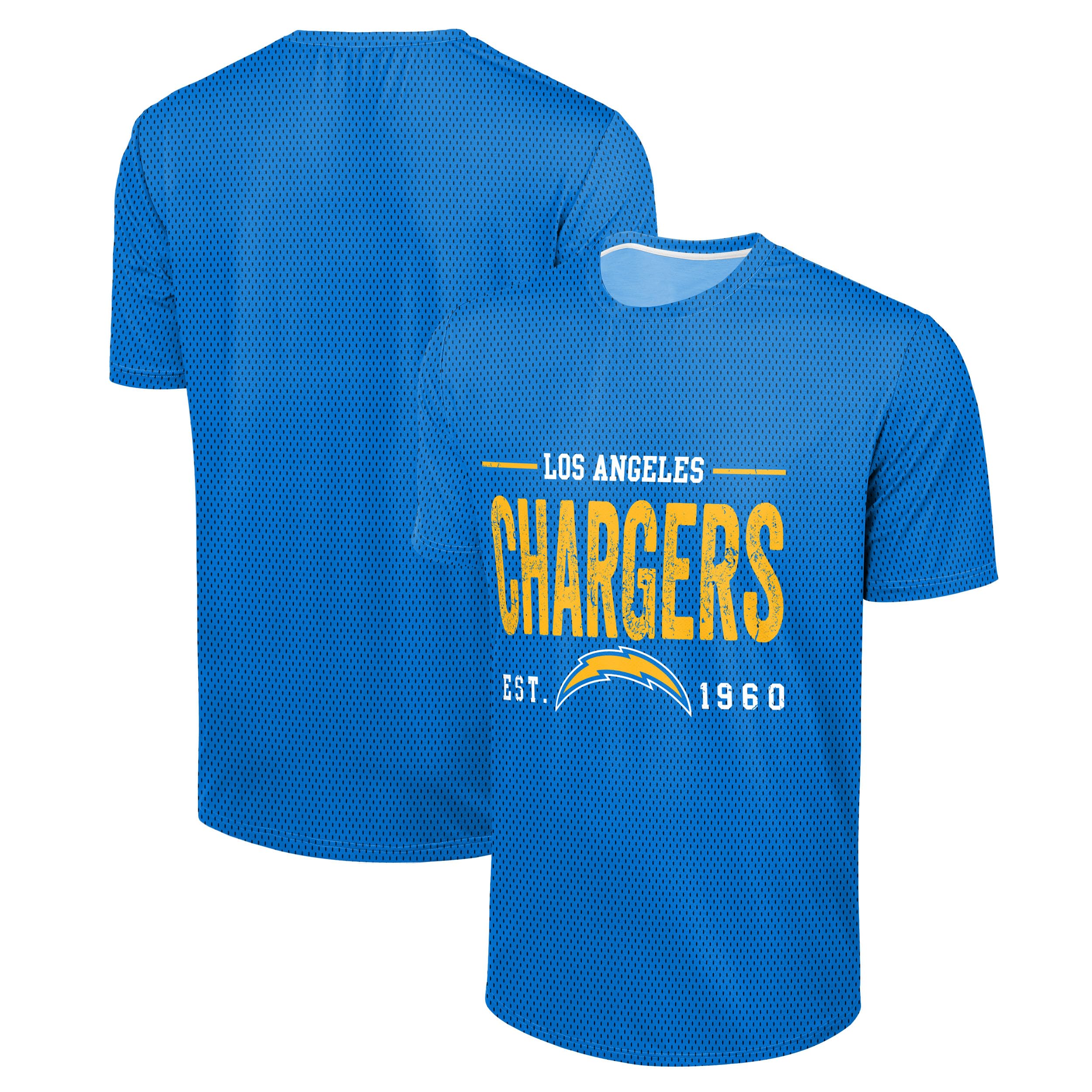 FOCO NFL Men's Officially Licensed Football Team Logo Wordmark Distressed Performance Team Color Crewneck T-Shirt, Los Angeles Chargers - Blue, S