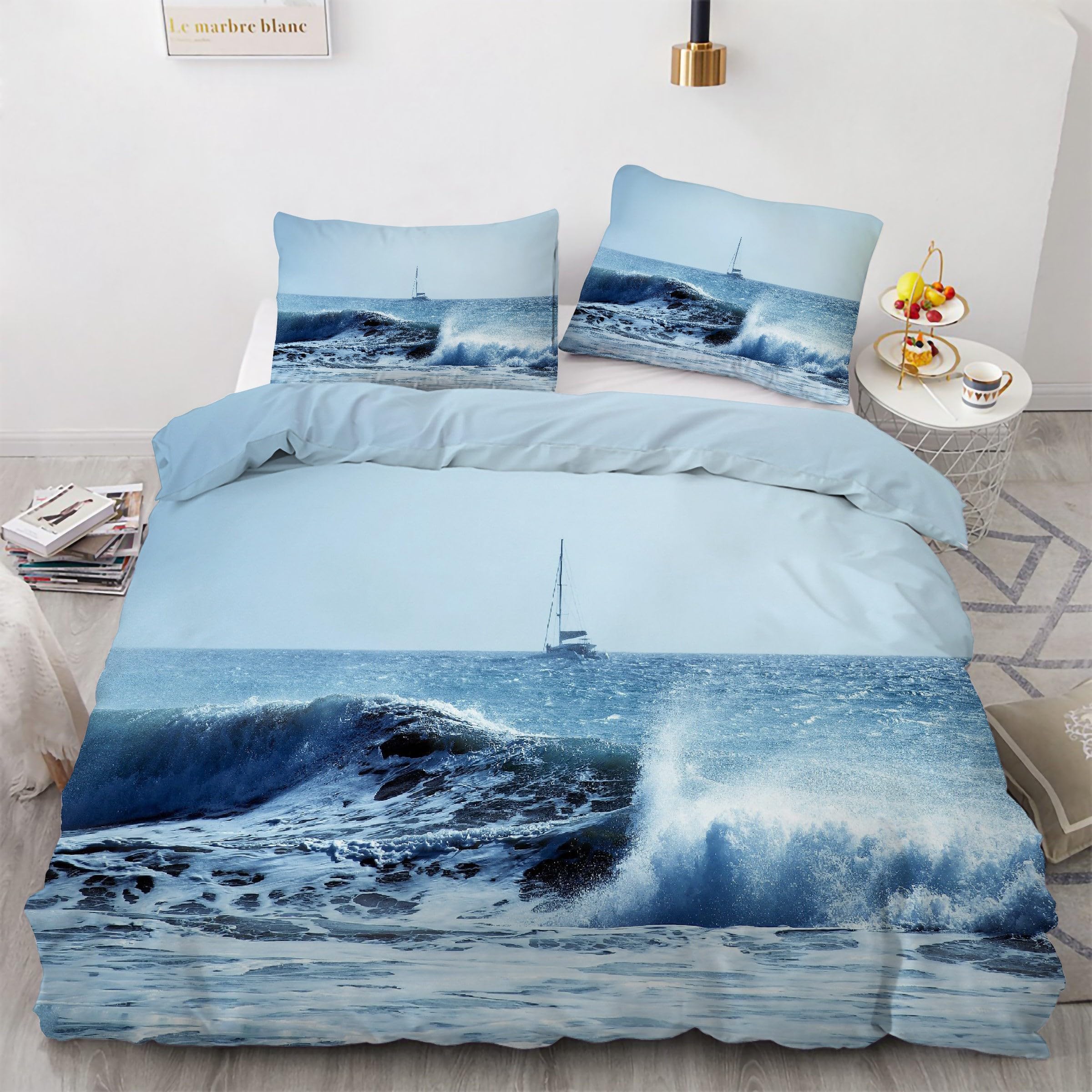 Housse de couette 200x200 mer avec fermeture éclair et parure de lit 3 pièces microfibre