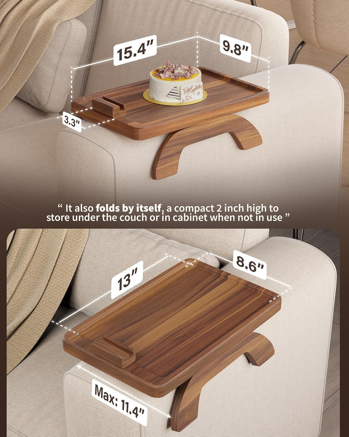 BLUEWEST Sofa Armrest Tray,15.4''x9.8'' Acacia Wood Couch Arm Clip on Tray Table with 360° Rotating Phone Holder –Fits Most Couch Arm Sizes–Non-Slip, Arm Table for TV Dinners, Remote, Drinks & Snacks - Image 3