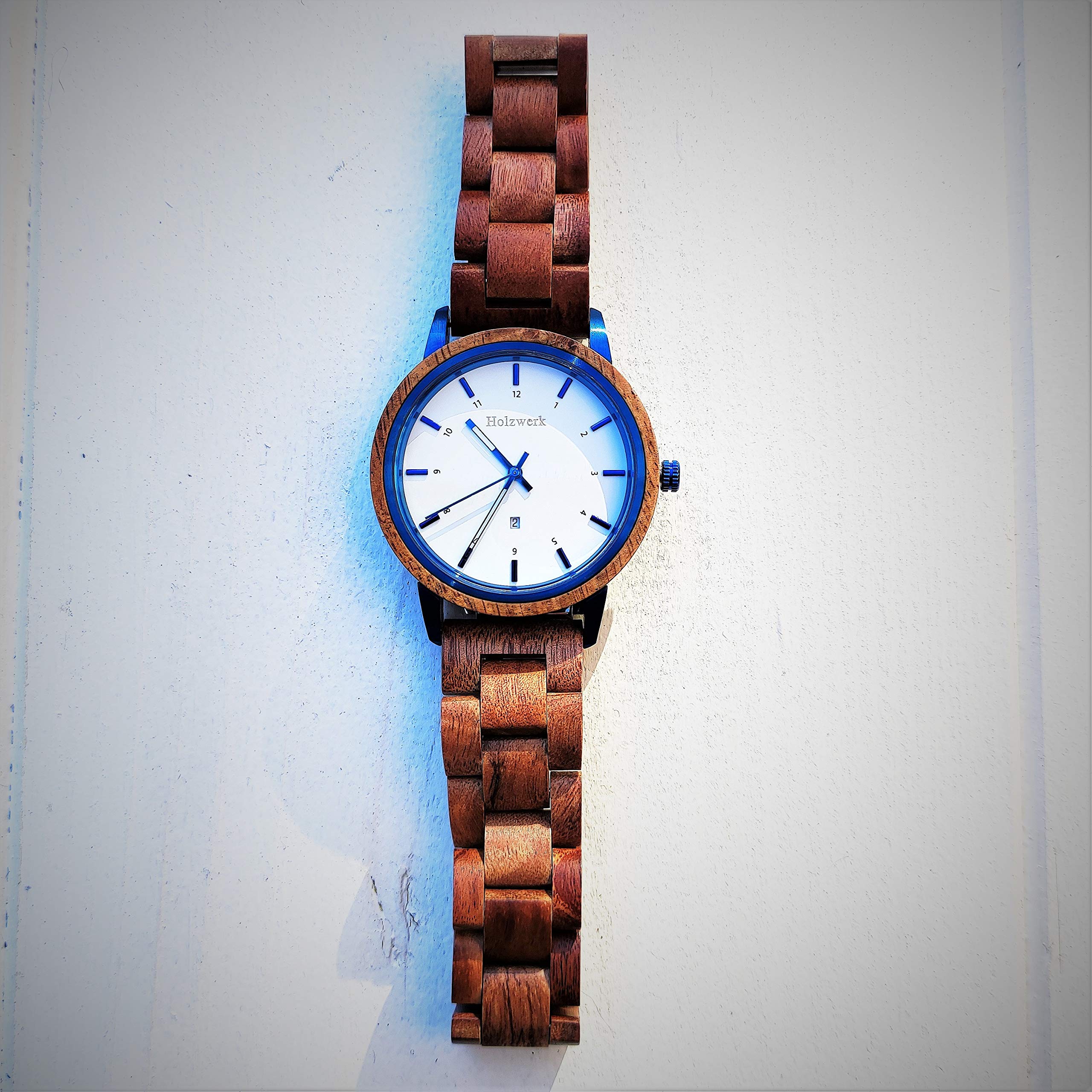 Holzwerk Germany Handgefertigte Designer Unisex Damen-Uhr Herren-Uhr Öko Natur Holz-Uhr Armband-Uhr Analog Klassisch Quarz-Uhr Braun Blau Weiß