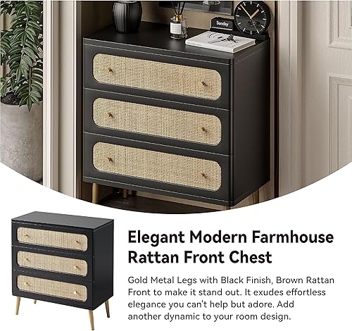 Miniatura 3 de LONYKE Mesita de noche de mimbre de ratán, mesa auxiliar de 2 cajones con acabado negro para espacios pequeños, moderna mesita de noche de madera de