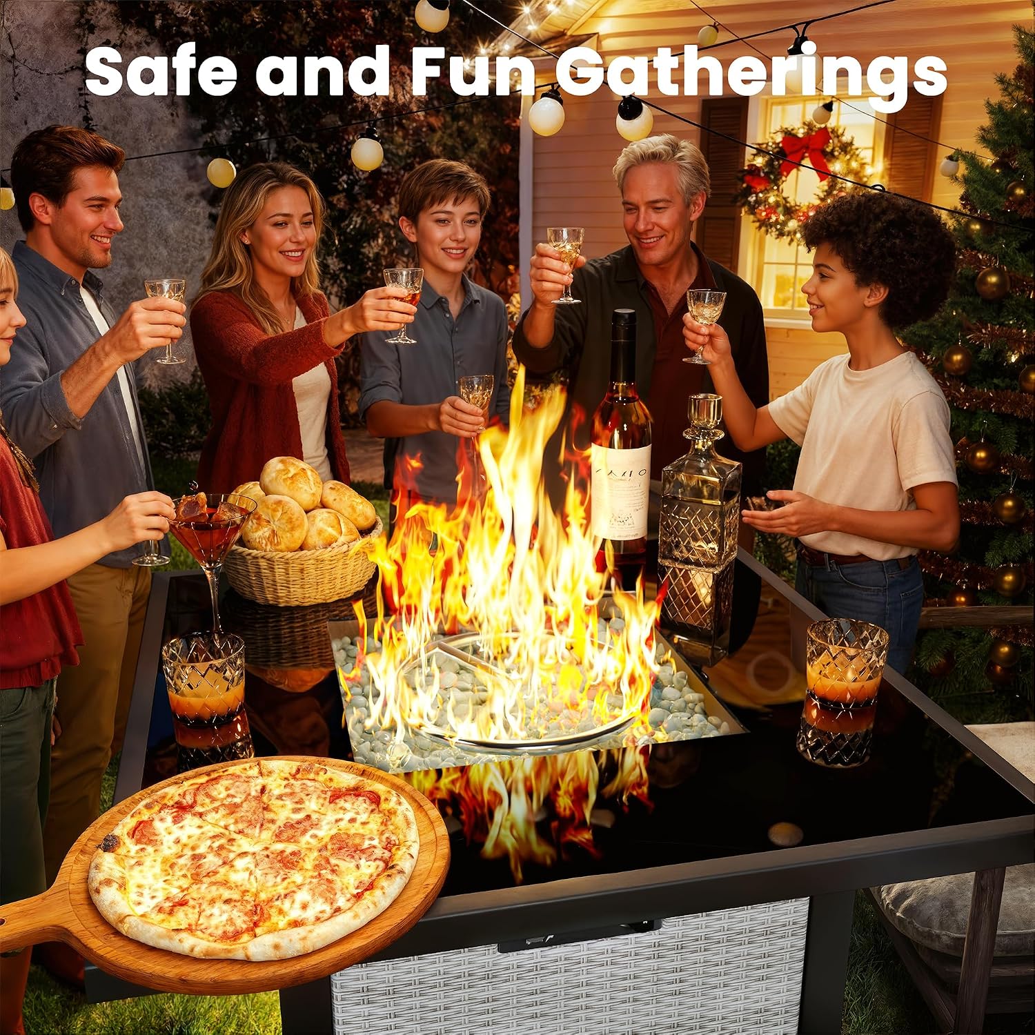 Propane Fire Pit Table, Outdoor Fire Pit Table, 27" Rattan Square Outdoor Gas Fire Pit with Glass Wind Guard, Tempered Glass Tabletop, Lid, CSA Listed, 50,000 BTU for Outside Patio Deck & Garden