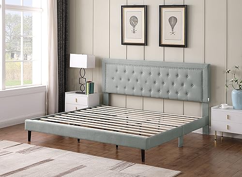 Miniatura 11 de Base de cama de plataforma tapizada tamaño matrimonial con cabecero ajustable de 48 pulgadas de alto, cama de terciopelo de lino con botones,