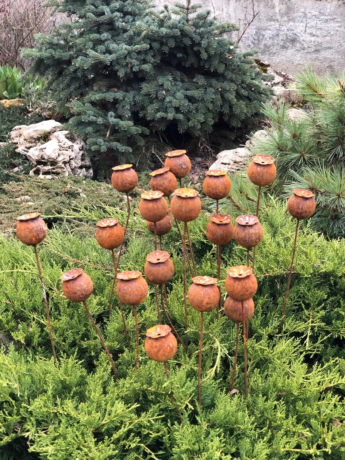 Rusty flowers set of 20, Poppy seeds head garden decor, Metal garden decor, metal yard art, outdoor metal decor, Rusty metal garden decor