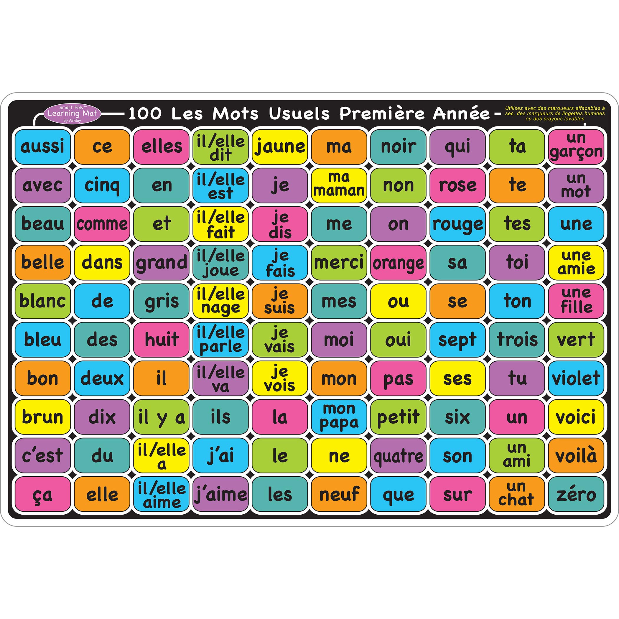 Ashley Productions ASH95026 Smart Poly(tm) Learning Mat, French Sight Words, Polypropylene (PP)/Paper, 12" x 17"