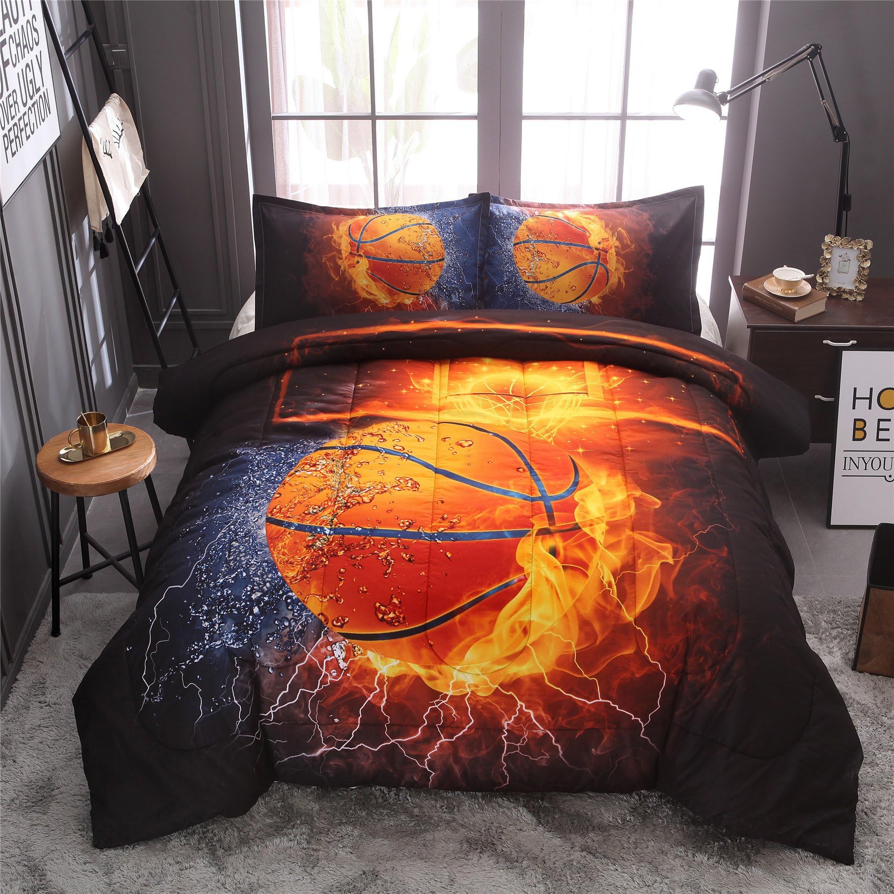 A Nice Night Basketball Print,with Fire and Ice Pattern, Comforter Quilt Set Bedding Sets, for Boys Kids Teen (Basketball, Full)