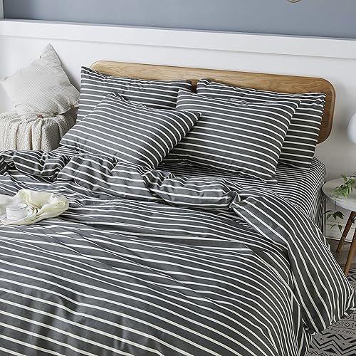 Miniatura 2 de JELLYMONI - Juego de funda de edredón a rayas, 3 piezas, 100% algodón natural, estampado de color gris oscuro con rayas blancas, cierre de