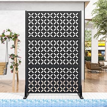 GAIOUS Metal Privacy Screen Outdoor 72" H46" W, Freestanding Decorative Privacy Screens for Balcony Yard&Garden, Steel Air Conditioner Fence, Metal Room Divider with Stand, Modern Pattern Black-X