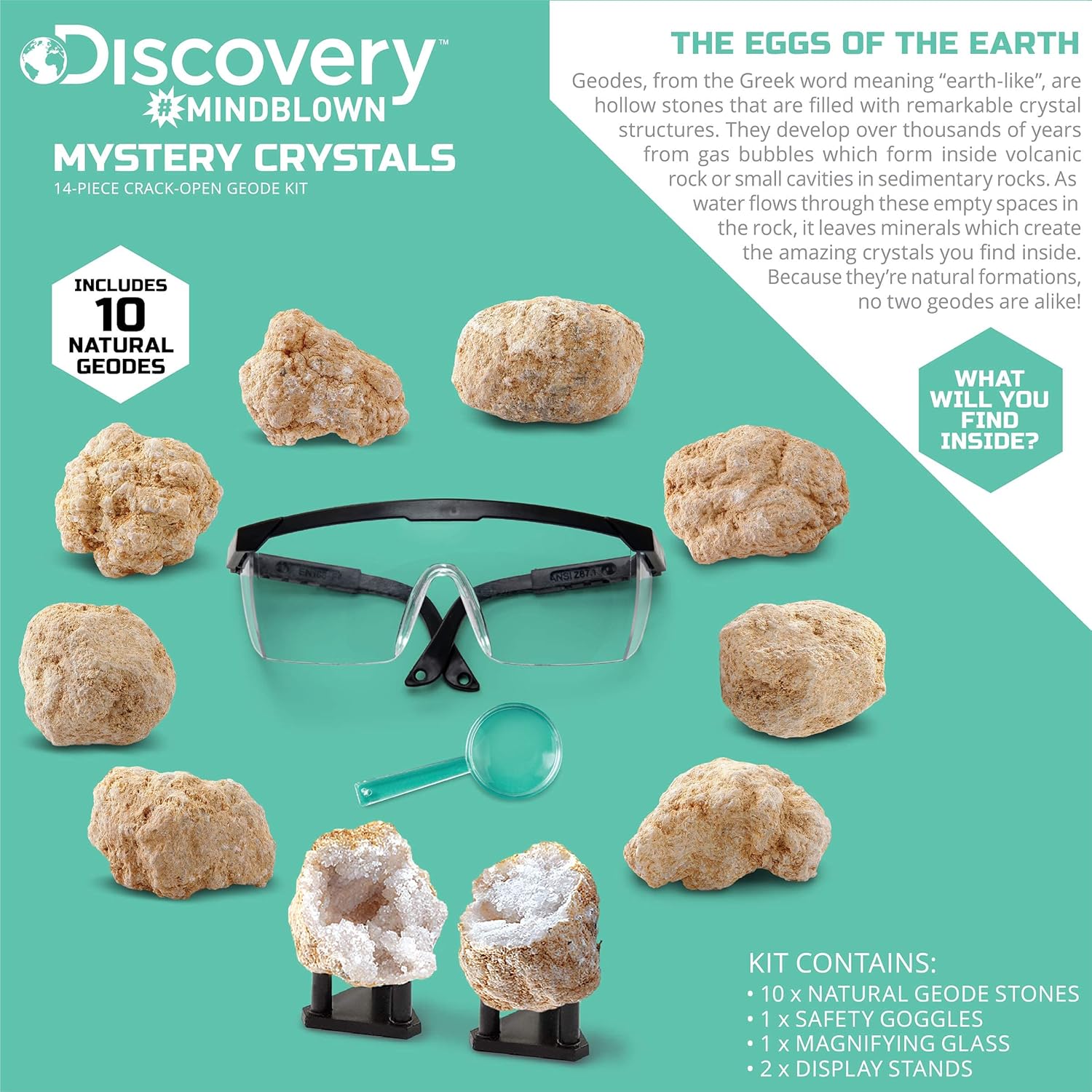 Discovery™ Mystery Crystal Geode Kit – Crack Open 10 Real Quartz Geodes| Includes Goggles, Magnifying Glass & Display Stands| Educational STEM Geology Toy for Kids| Science Activity Set Gift| Ages 6+ - Image 3