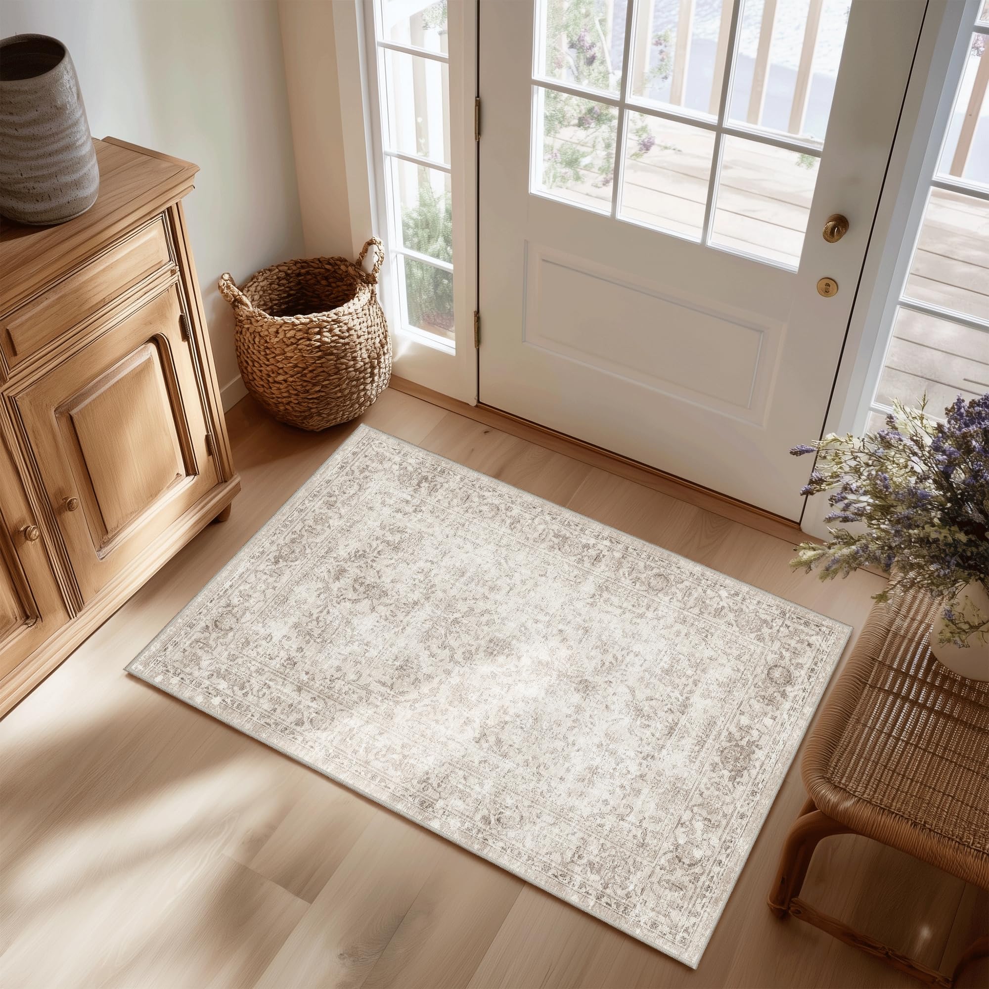 Beauoop Entryway Rug Washable Beige Vintage Distressed Door Mat 60x90 cm Non Slip Low Pile Indoor Carpet Soft Retro Small Throw Area Rugs for Entry Way Entrance Bedroom Kitchen Bathroom Laundry โ image 1