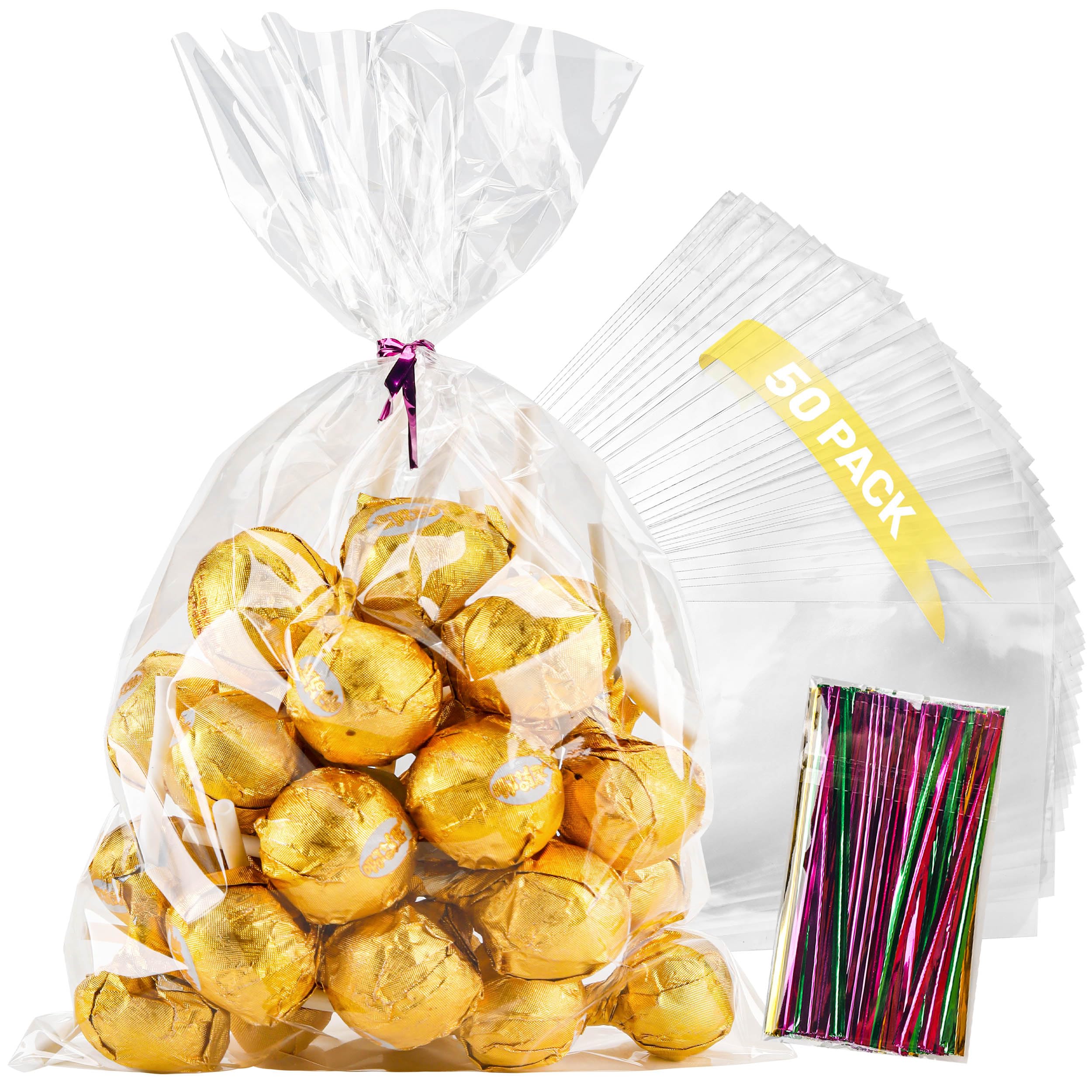 NPLUX 50 Pack Cellophane Bags Small Plastic Cookie Bag Clear Treat Bags with Twist Ties for Small Gift Party Favors,Bakery,Candy,Popcorn(6×10In)