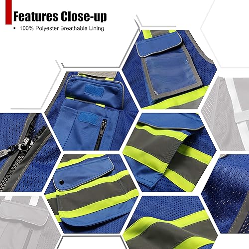 Miniatura 7 de Chalecos de seguridad reflectantes clase 2 retro con 9 bolsillos multifuncionales y cremallera frontal, color amarillo, ANSIISEA 107-2015