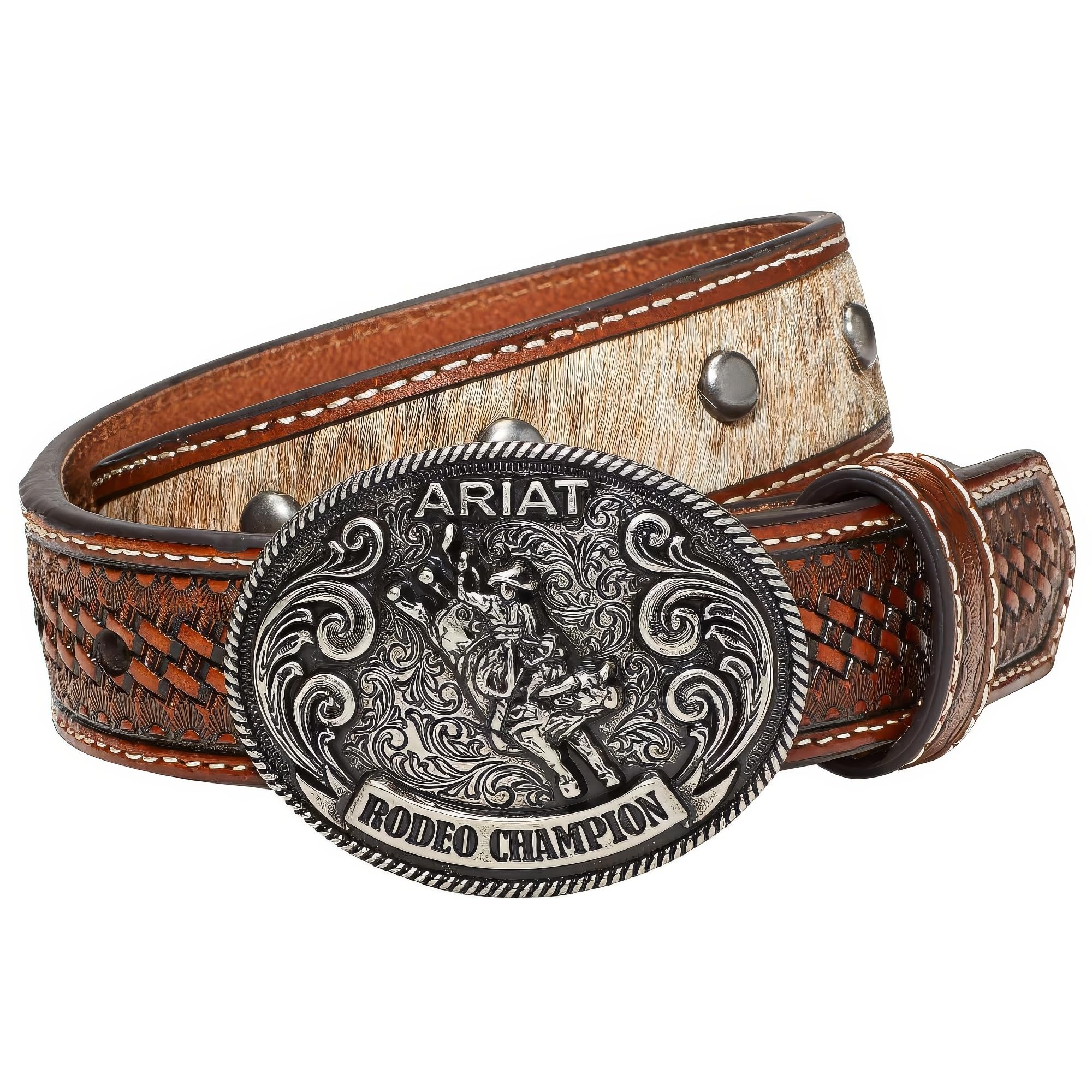 ARIAT Westerngürtel für Jungen, Wadenhaar, mit silberfarbener Rodeo-Champion-Schnalle