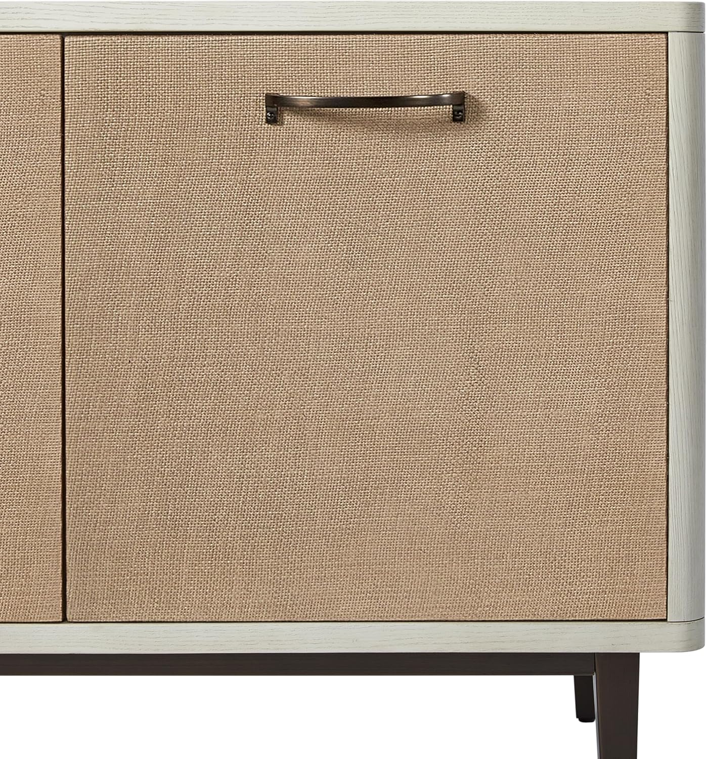 Modern White Washed and Natural Wood Console Table with Soft-Close Hinges, Adjustable Shelves and Tapered Legs, 80 Inches Long
