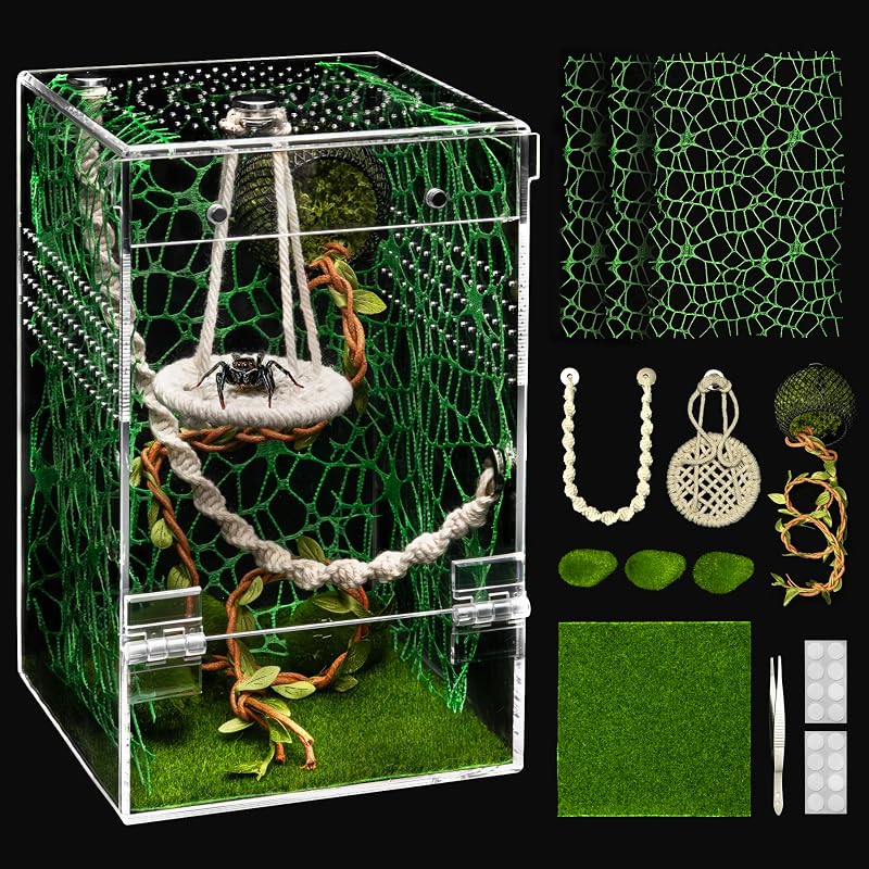 Terrário para Aranha-Saltadora em Acrílico Transparente AZV com Porta Magnética, 13,21 x 13,21 x 19,81 cm