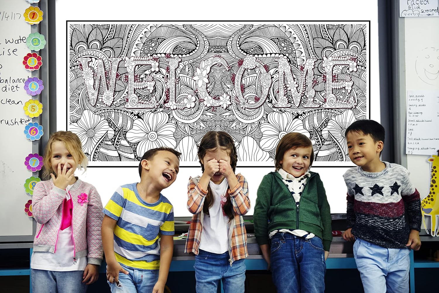 SJPRINTER Inspirational Wall Art, Giant Coloring Poster Mandala for Kids Adults - Great for Girls, Boys, Arts, Crafts, Care Facilities, Schools, Family Time, Groups (WELCOME, 24" x 52")