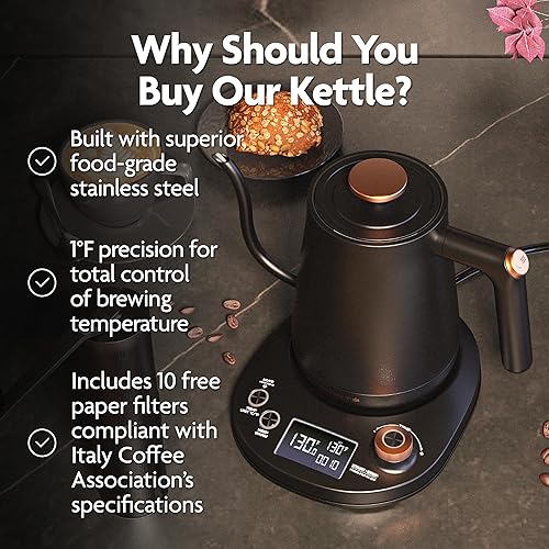 Miniatura 2 de Vianté Hervidor eléctrico de cuello de cisne con control de temperatura preciso para café y té. Hervidor rápido, acero inoxidable sin BPA. Incluye