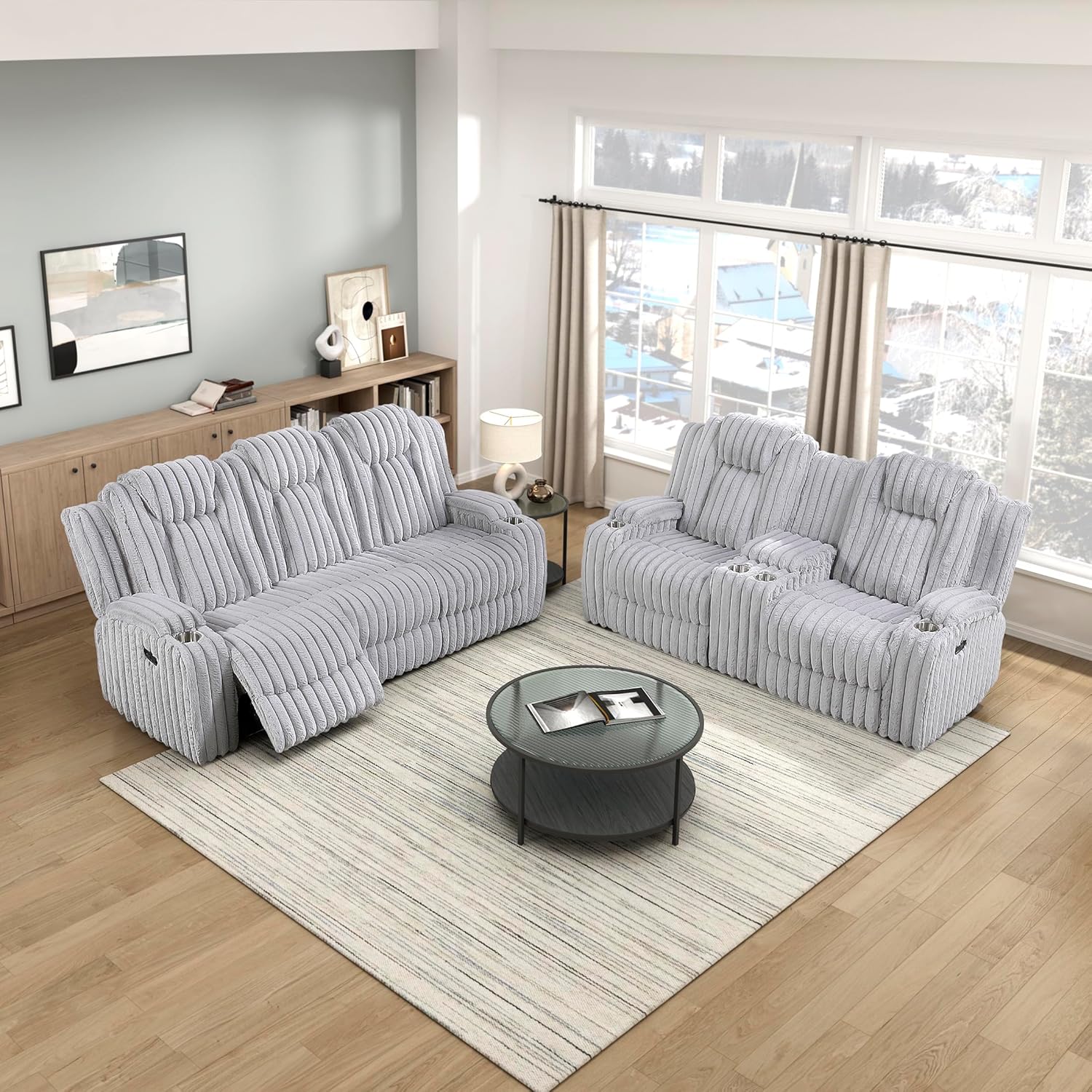 Lexicon 2 Piece Living Room Furniture Sets, Corduroy Manual Reclining Sofa Set, Cup Holders, Padded Armrests, Wall Hugger Double Reclining Sofa, Loveseat, 2 Pieces, Light Gray