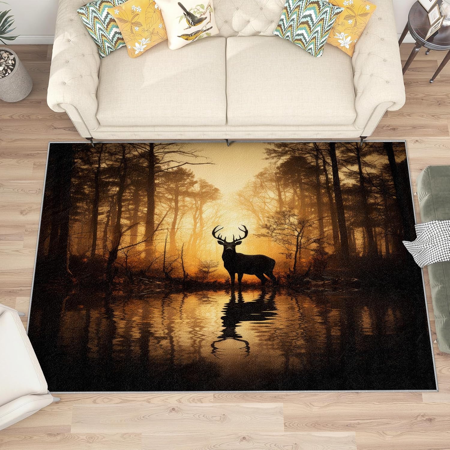Deer Rugs for Living Room - 2x3 Rug, Forest Wildlife Area Rug, Woodland Elk Washable Non Slip Soft Rugs, Rustic Cabin Animal Carpet, Hunting Lodge Home Decor, Deer Gifts for Women