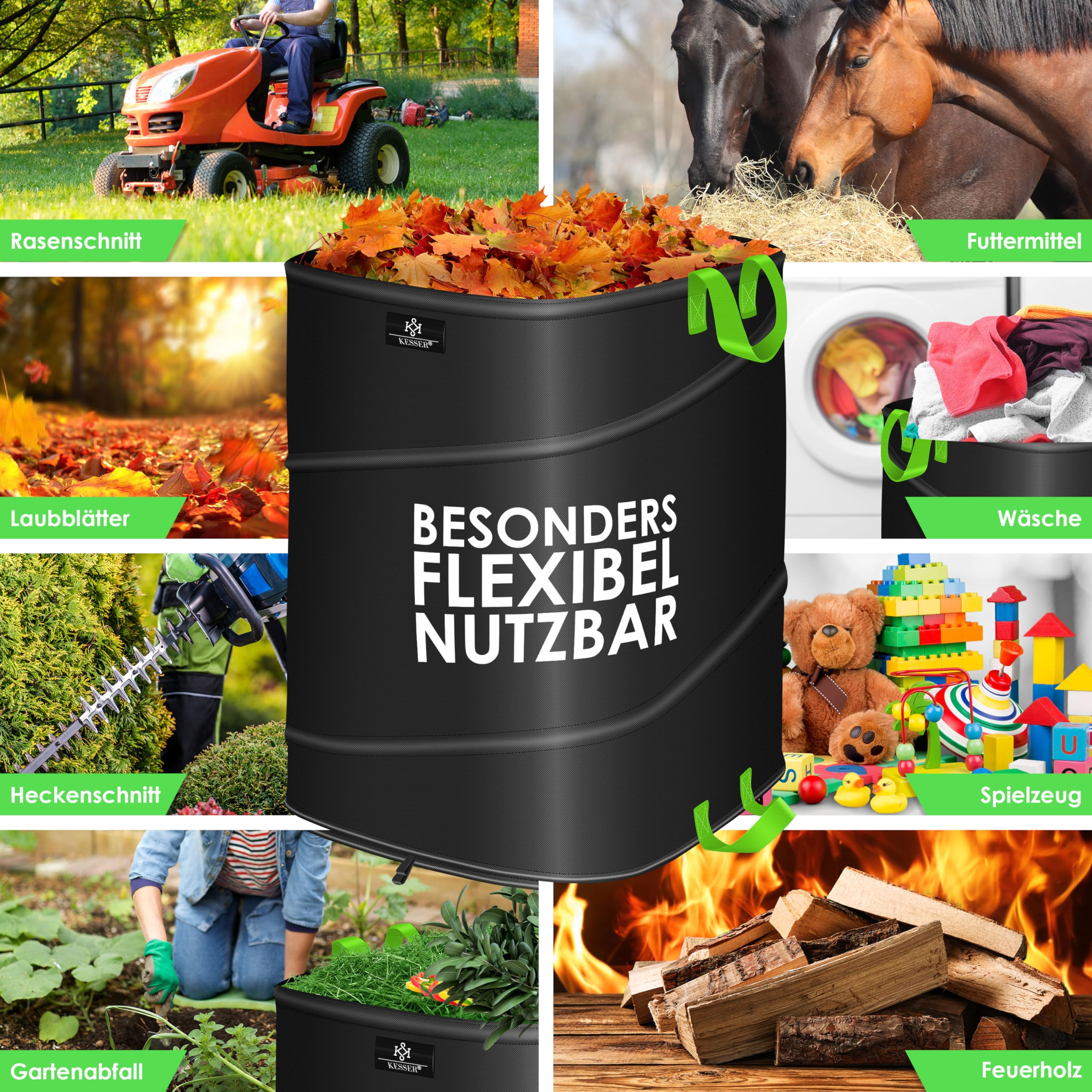 KESSER® Set di Sacchi da Giardino Pop-up - 4x 73 Litri, Sacco per Rifiuti da Giardino con Guanti, Autoportante con Maniglie, Robusto, Robusto e Richiudibile, Nero/Verde Chiaro