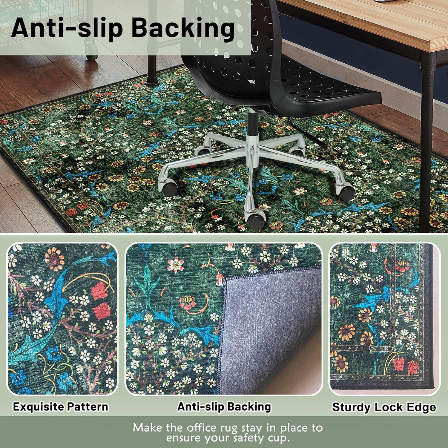 Office Chair Mat, Green Desk Chair Mat for Hardwood Floor, Anti-Slip 48" x 60" Floor Mat for Office Chair, Vintage Flower Computer Chair Mat Washable Floors Protector for Office Home Work Gaming