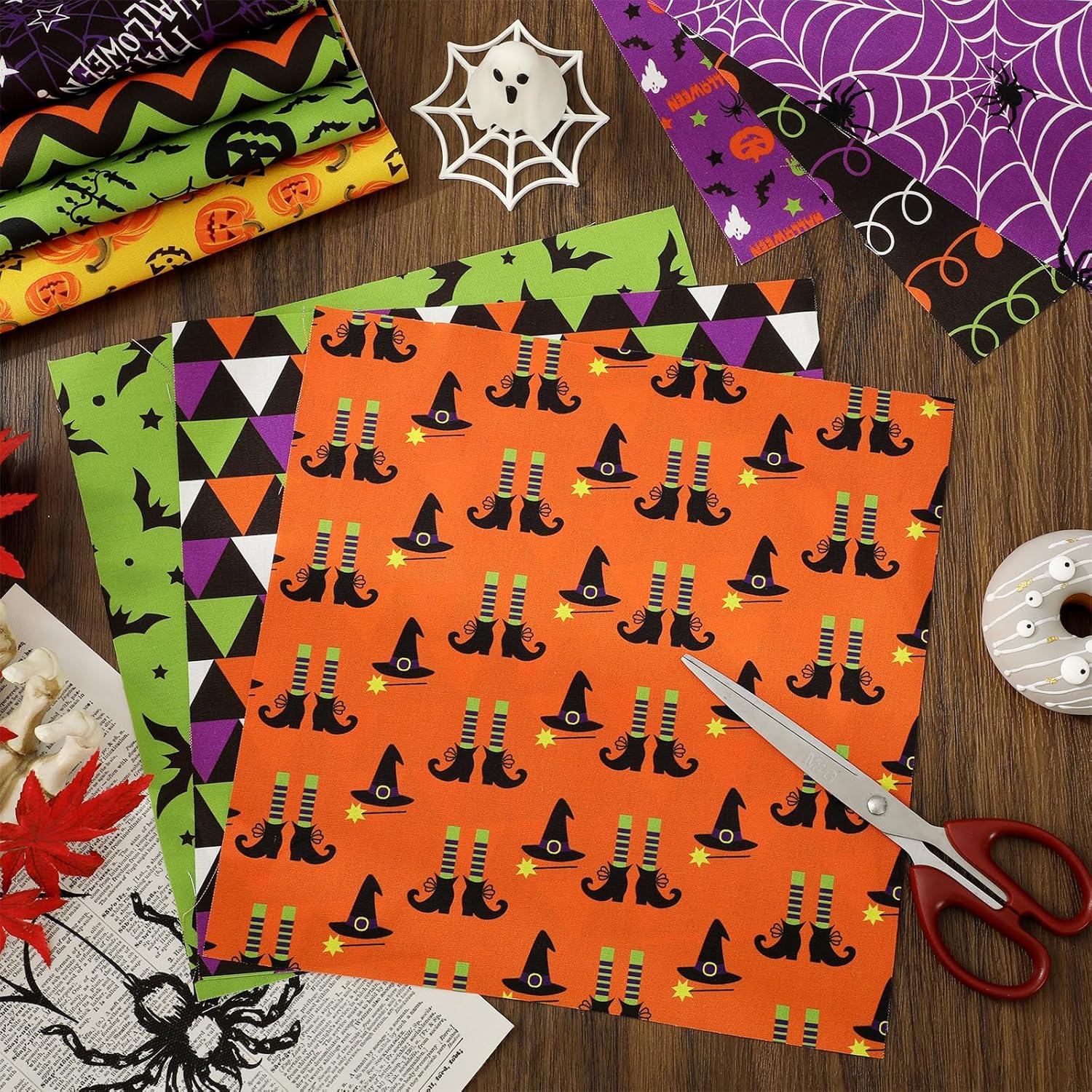 JarThenaAMCS 60Pcs Halloween Cotton Fabric Bundles 10 x 10 Inch Halloween Character Green Purple Black Orange Sewing Fabrics for DIY Craft Party Decor