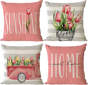 YeeJu Set of 4 Tulip Pillow Covers 22x22 Spring Summer Pillow Covers Pink Floral Throw Pillow Covers Cushion Covers Square Pillow Cases for Couch Sofa Patio Outdoor Home Decorations22 Inch