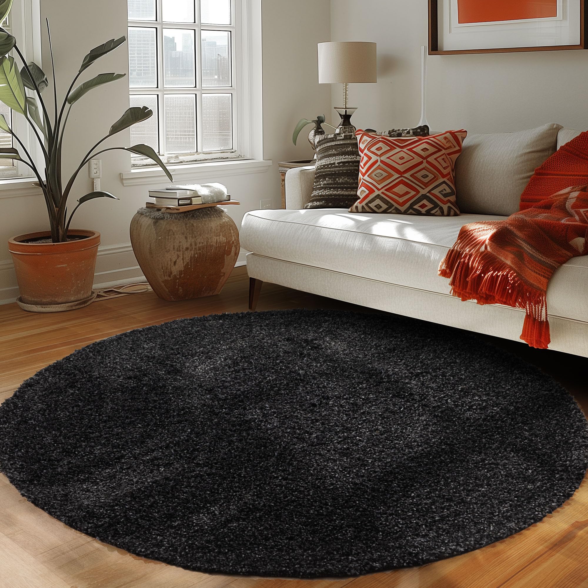 Tapis Rond Shaggy Poil Long - Motif Tie Dye Bordeaux - Doux, Lavable, Antidérapant - 40cm - 14